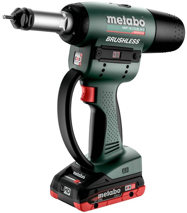 Elektrischer Bohrschrauber mit Akkupack, Metabo-Logo, grün-schwarz, ergonomisches Design.