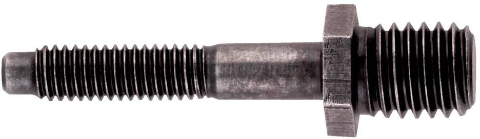 Eine metallene Maschinenschraube mit Sechskantkopf und Gewinde an beiden Enden auf weißem Hintergrund.