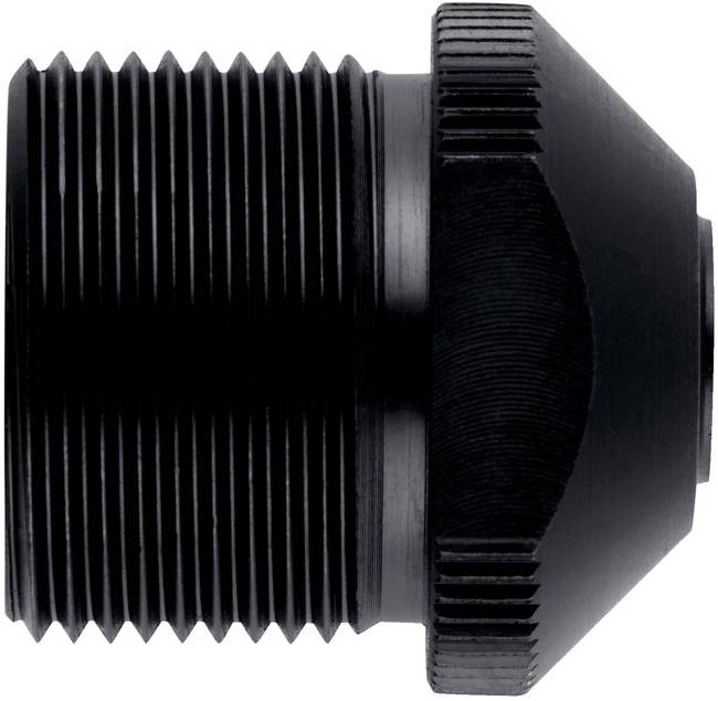 Ein schwarzer Metalladapter mit einem Außengewinde und einer gewölbten Oberseite, vermutlich für hydraulische oder pneumatische Anwendungen.