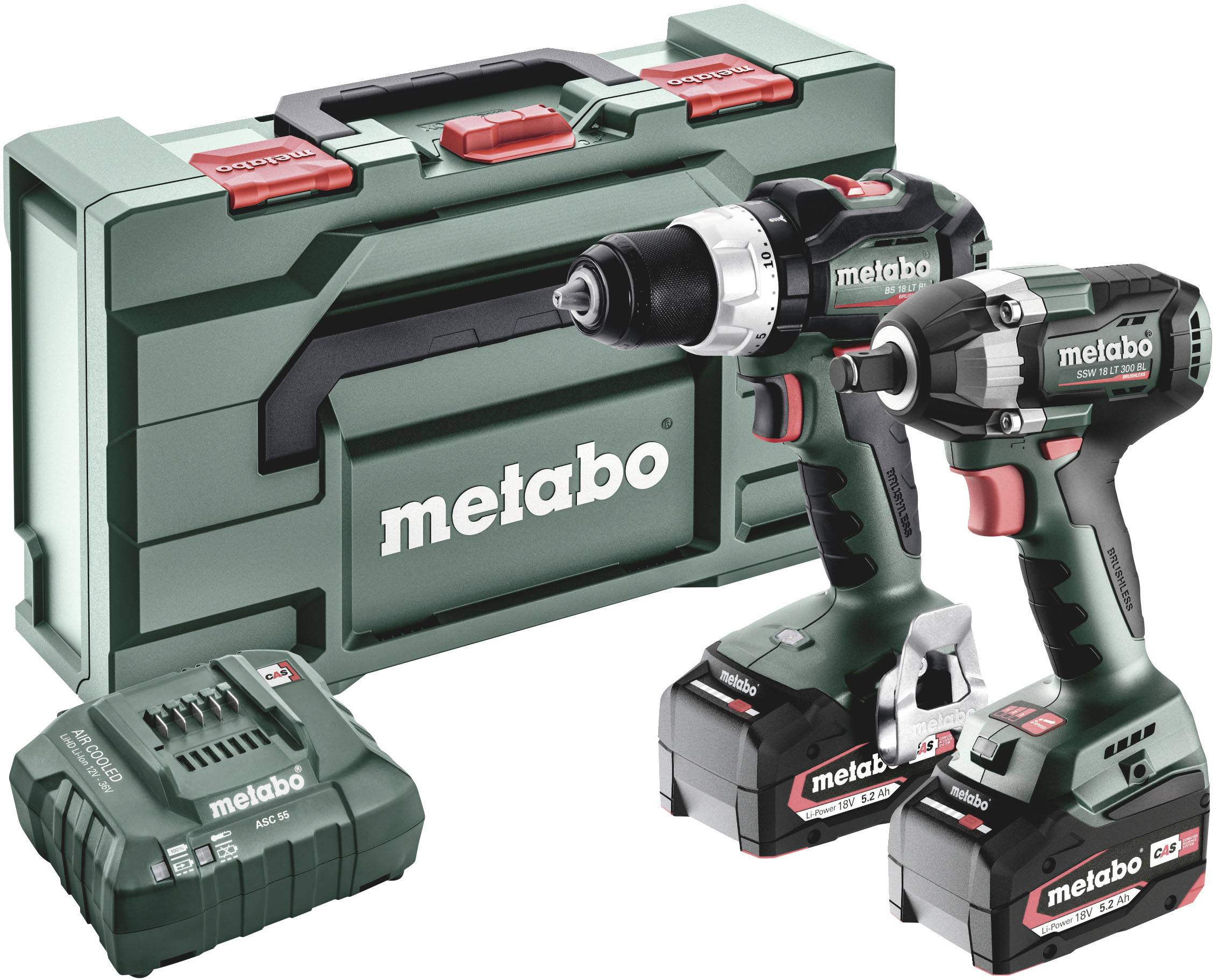 Akkuschrauber-Set mit zwei grünen Bohrmaschinen, zwei Akkus und einem Transportkoffer, Marke Metabo.