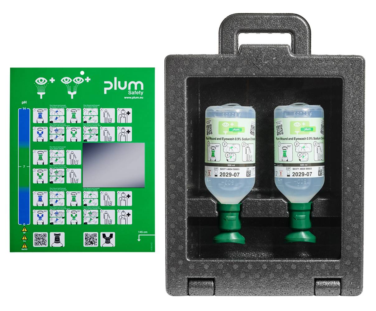 Notiztafel mit Augenspülungsanweisungen, pH-Neutralisator und Spiegel links, zwei Augenspülflaschen in schwarzer Box rechts.