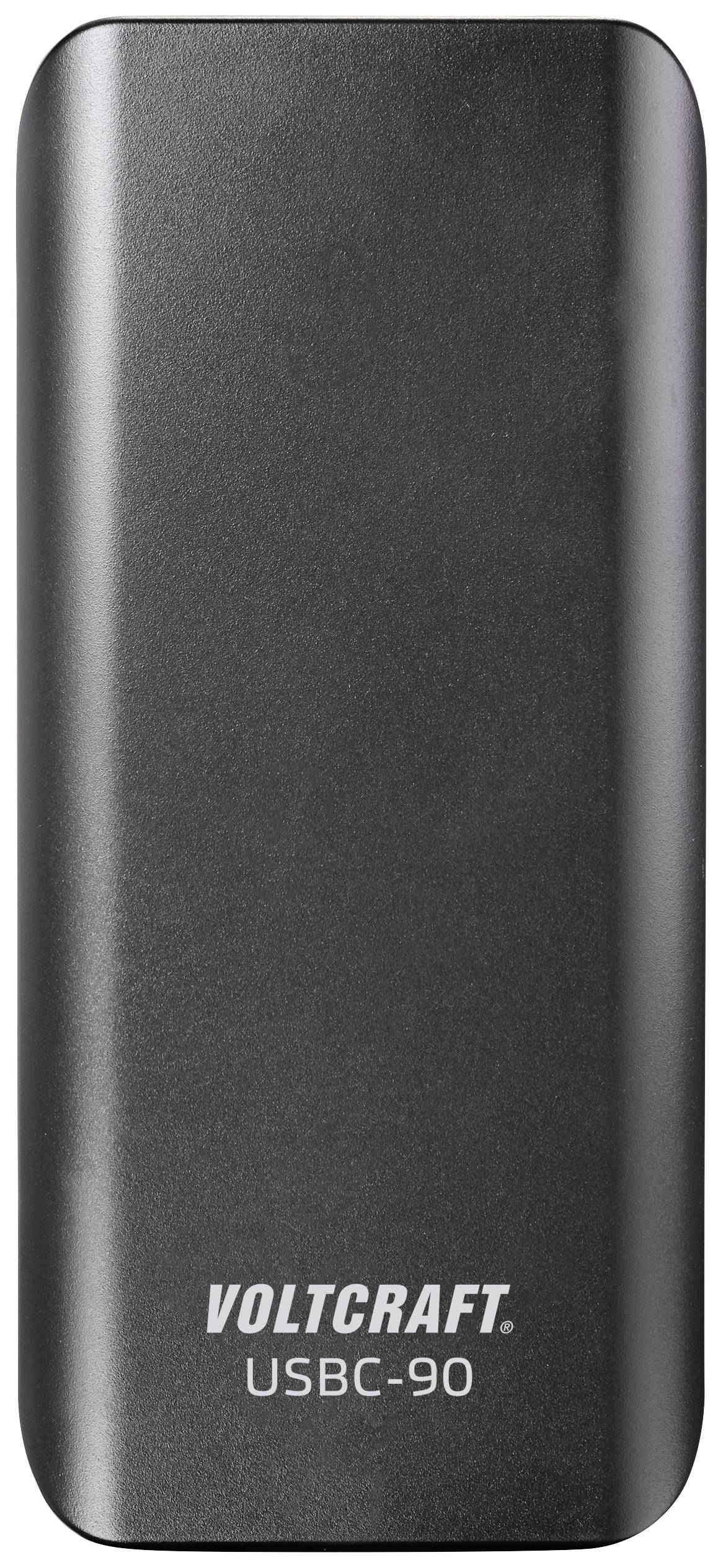 Schwarzes tragbares Ladegerät mit Markenlogo 'VOLTCRAFT' und Modellnummer 'USBC-90' auf der Vorderseite.