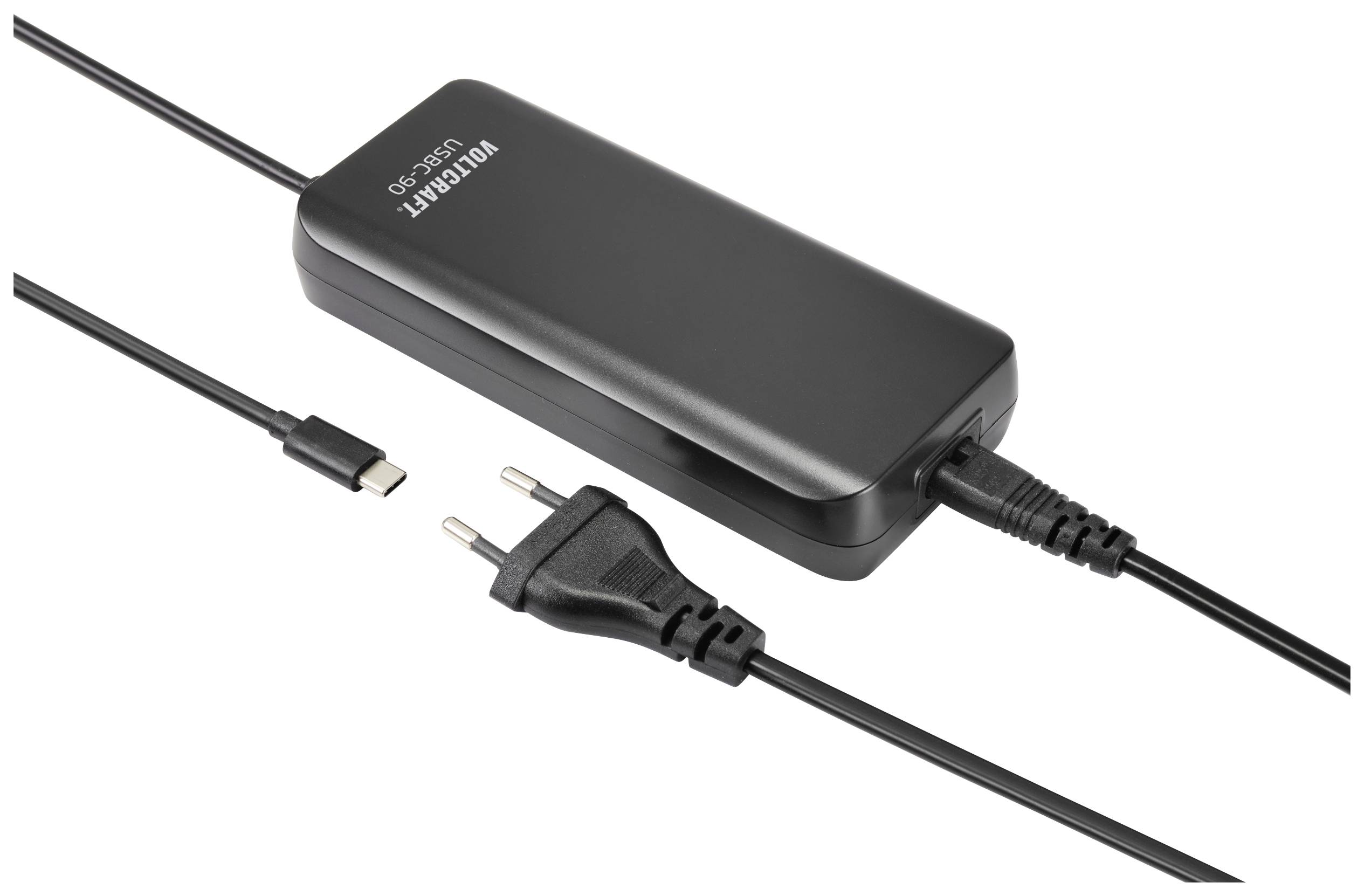 Schwarzes Laptop-Netzteil mit zwei Kabeln: Eines mit USB-C-Stecker, das andere mit Eurostecker. Netzteil mit Aufschrift 'Ruark'.