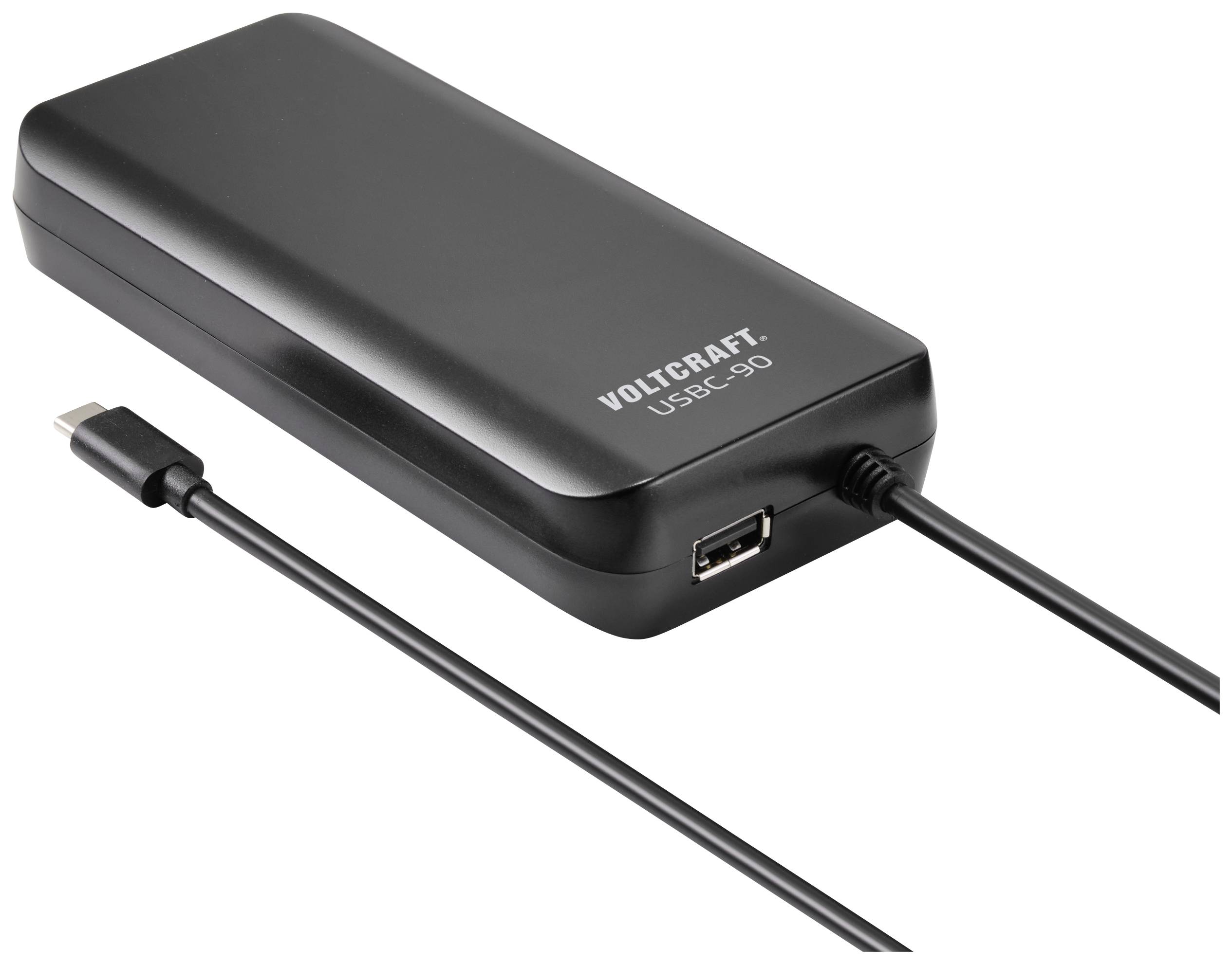 Schwarzes USB-C-Ladegerät 'VOLTCRAFT USER-90' mit USB-Anschluss und verbundenem Kabel, geeignet für Elektronikgeräte.