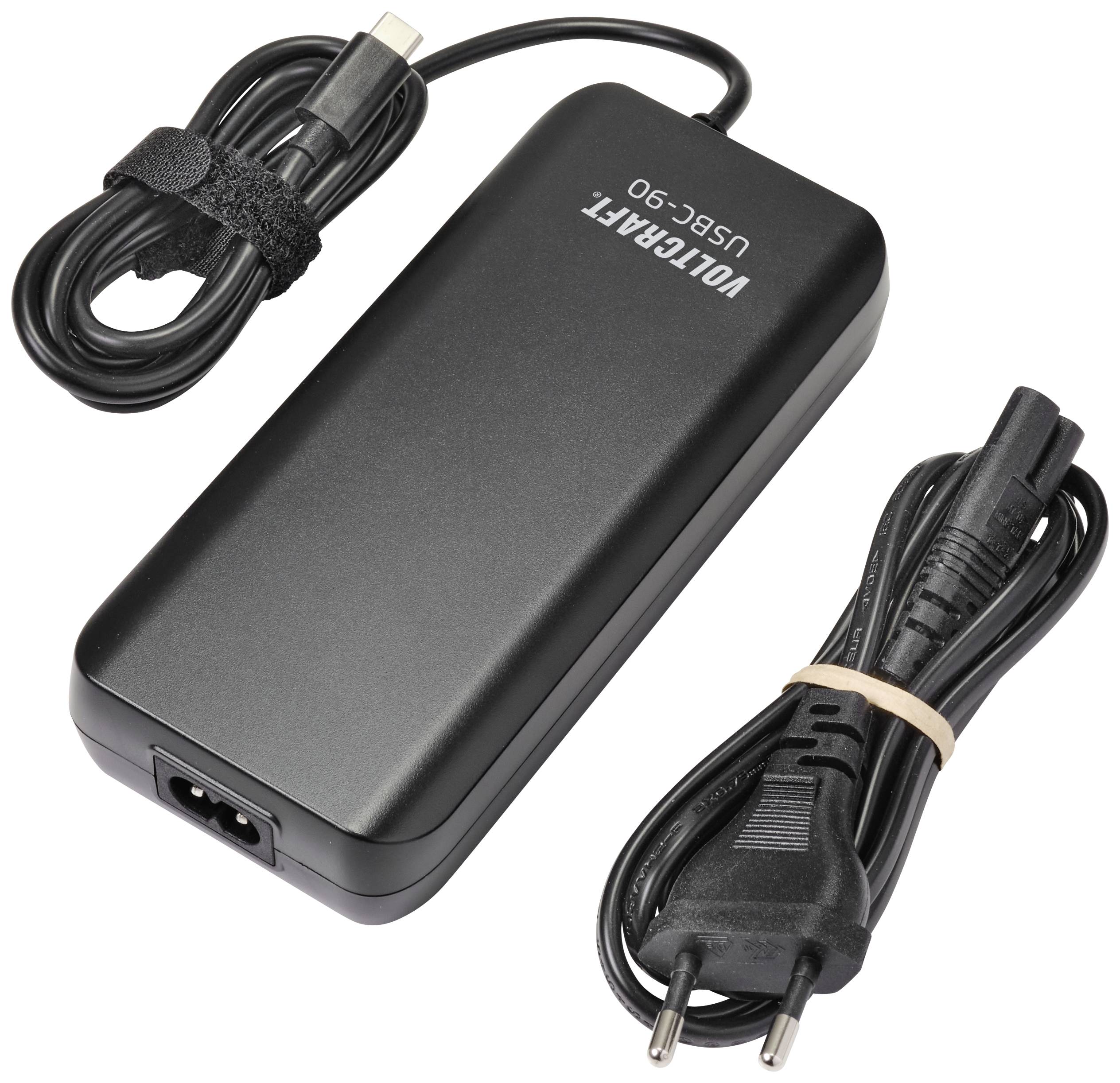Ein schwarzes Netzteil mit der Aufschrift 'Voltcraft USB-C 90', zeigt den Netzstecker und das USB-C-Kabel zur Stromversorgung.