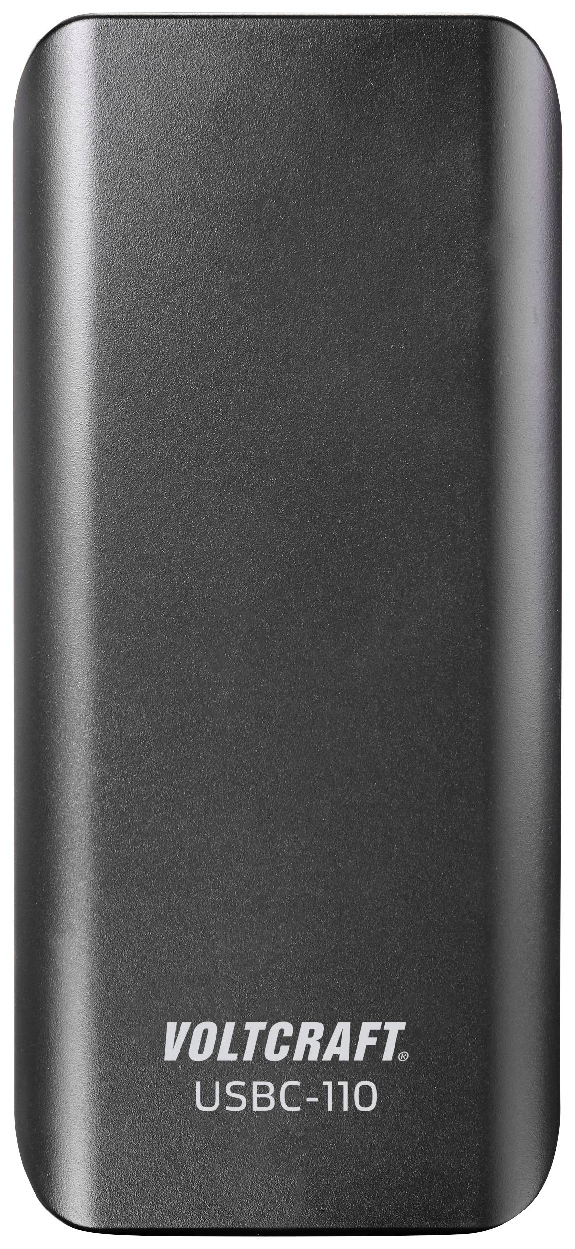 Eine Powerbank der Marke Voltcraft, Modell USBC-110, in schwarzem Gehäuse.