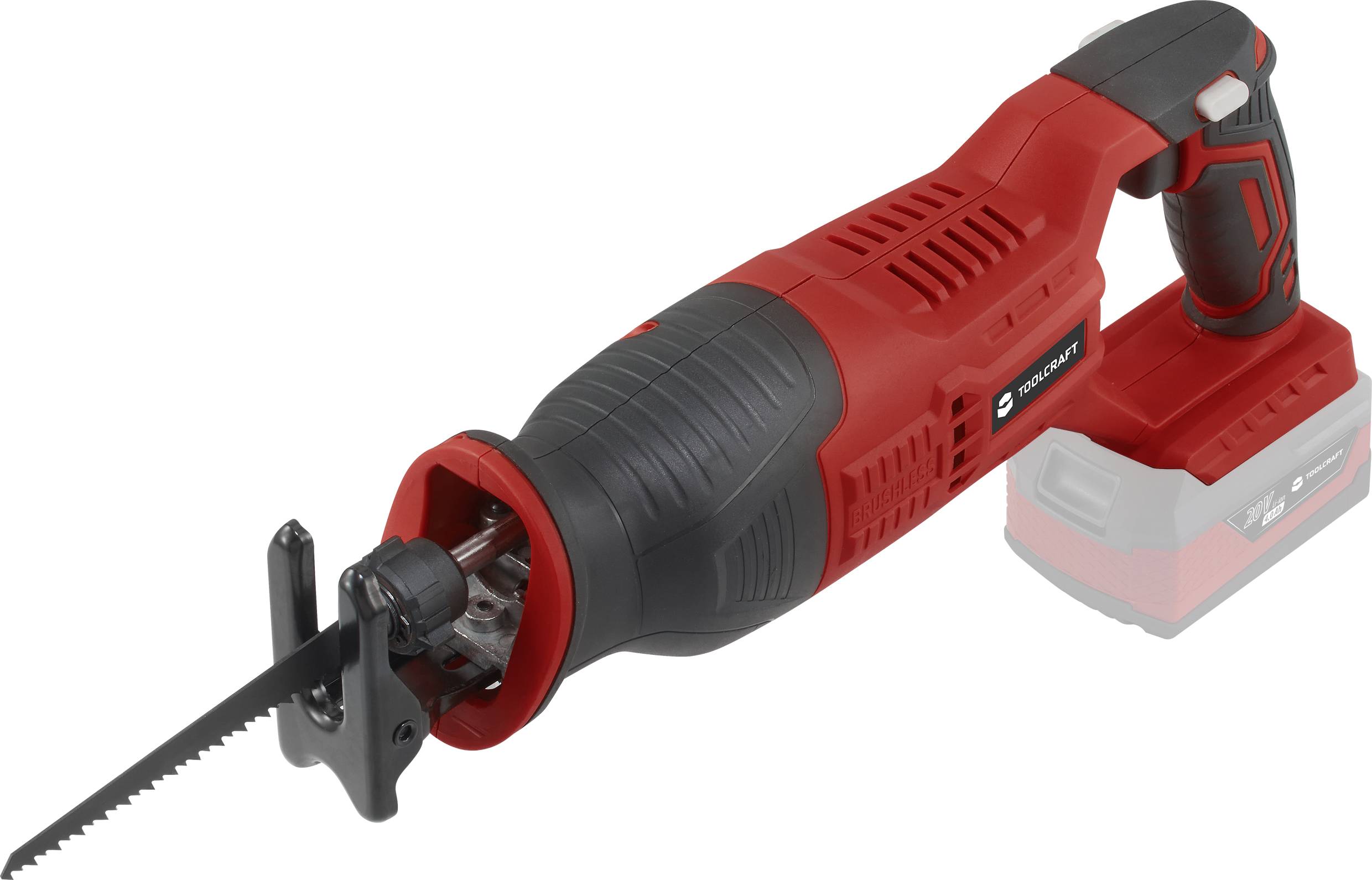 Aku-Säbelsäge in Rot-Schwarz mit eingesetztem Sägeblatt, geeignet zum Schneiden von Holz und Metall, mit ergonomischem Griff.