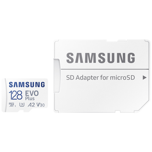 Samsung EVO Plus SDXC-Karte 128GB Class 10, Class 10 UHS-I, UHS-I, v30 Video Speed Class A2-Leistungsstandard, inkl. SD-Adapter