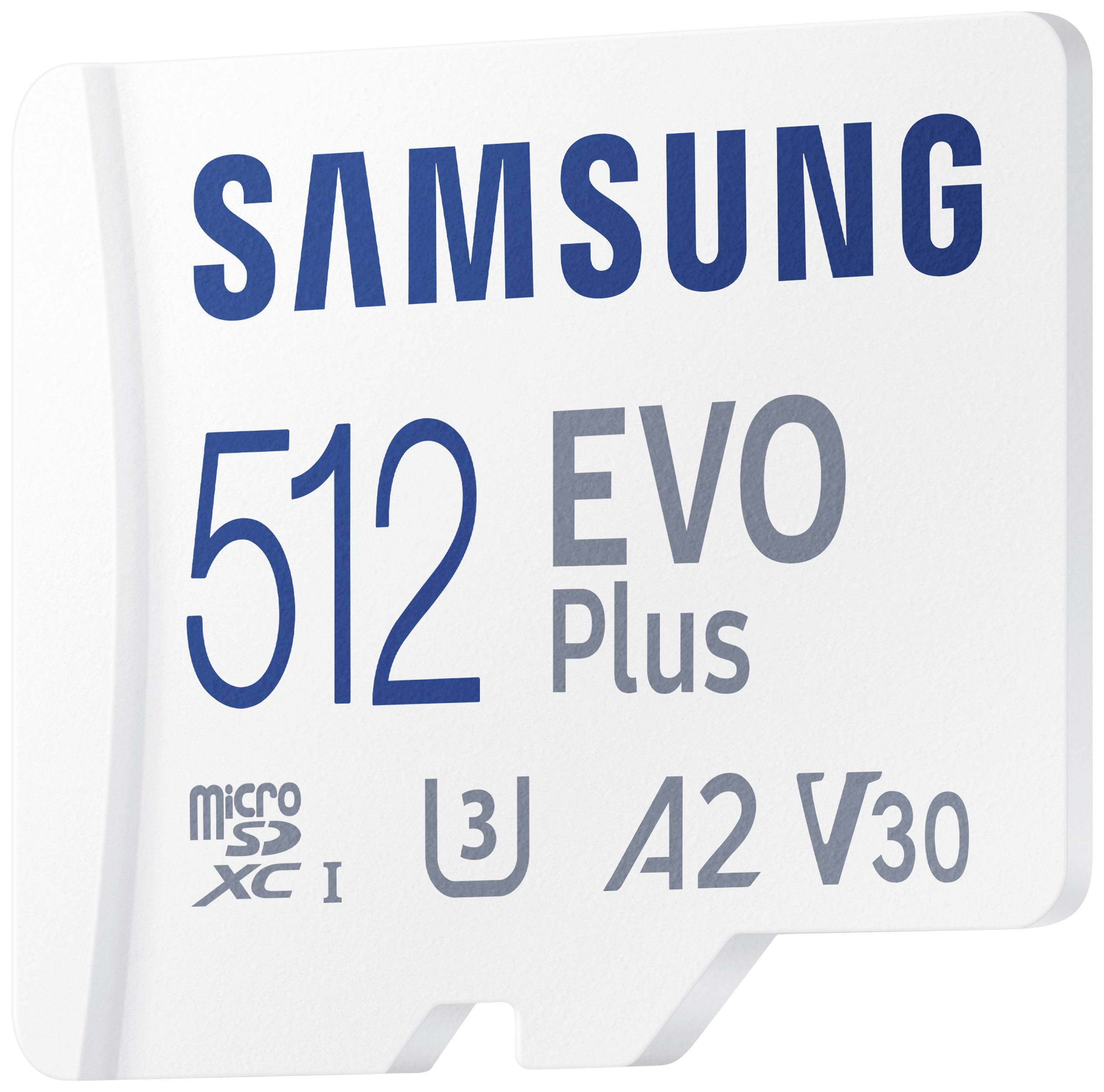 Samsung EVO Plus SDXC-Karte 512 GB Class 10, Class 10 UHS-I, UHS-I, v30 Video Speed Class A2-Leistungsstandard, inkl. SD-Adapter, stoßsicher