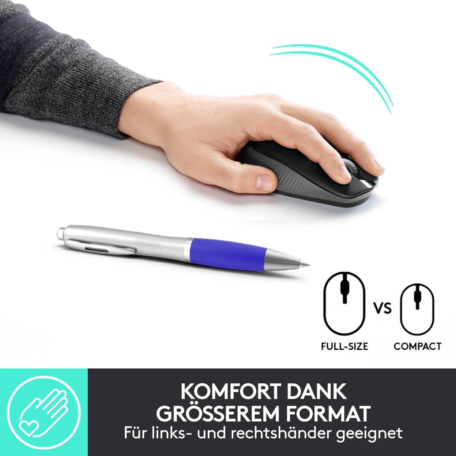 Eine Hand hält eine ergonomische Maus; daneben ein Kugelschreiber. Text: 'Komfort dank größerem Format. Für Links- und Rechtshänder geeignet.'