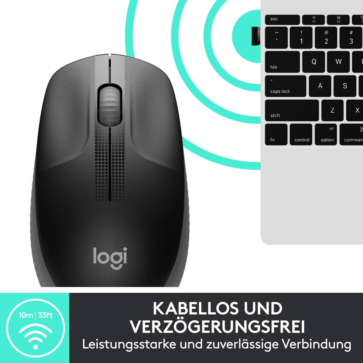 Drahtlose Logitech-Maus neben Laptop-Tastatur, bewirbt stabiles, verzögerungsfreies 10m-Signal für zuverlässige Leistung.