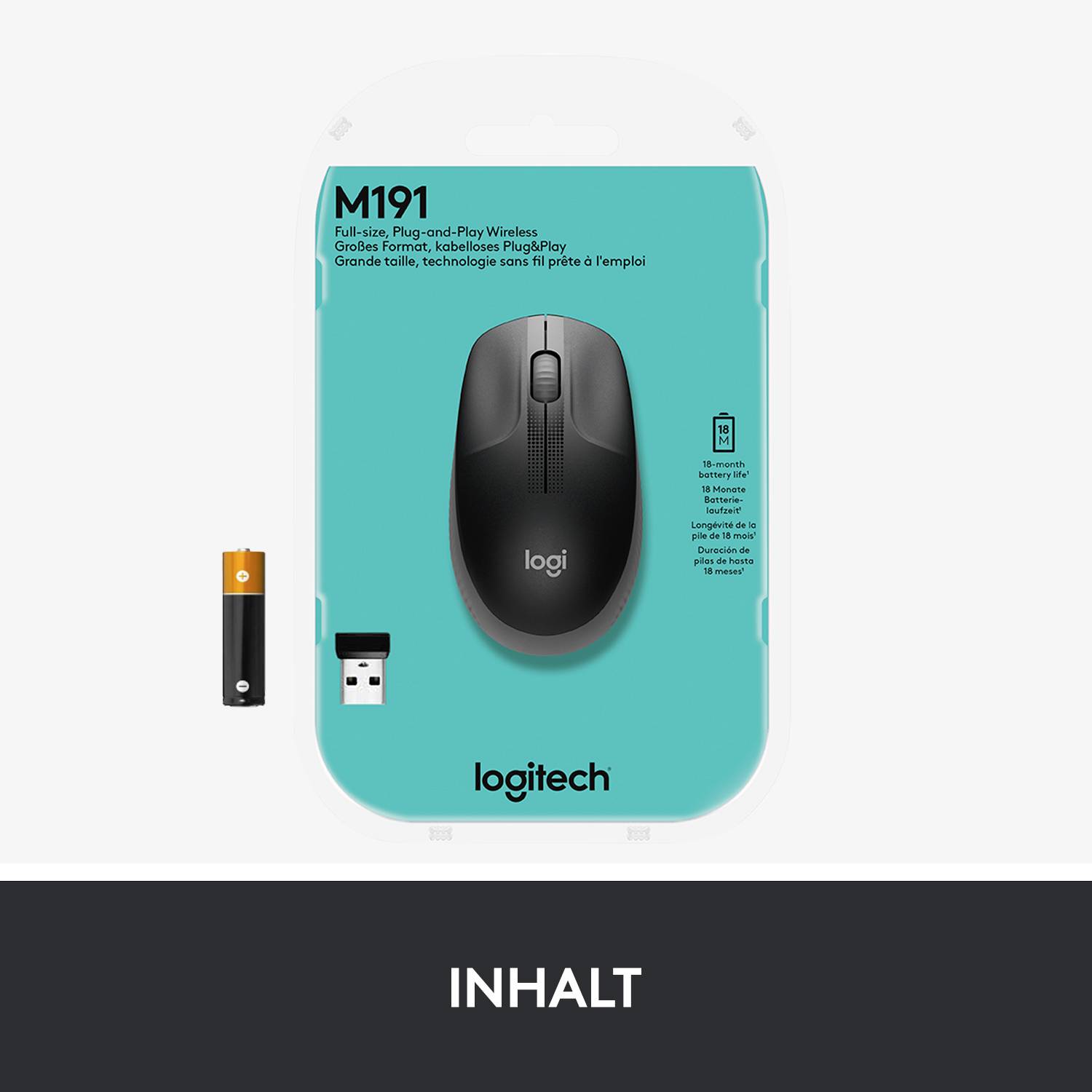 Kabellose Maus und USB-Empfänger auf einer Verpackung der Marke 'Logitech M191', daneben eine Batterie.
