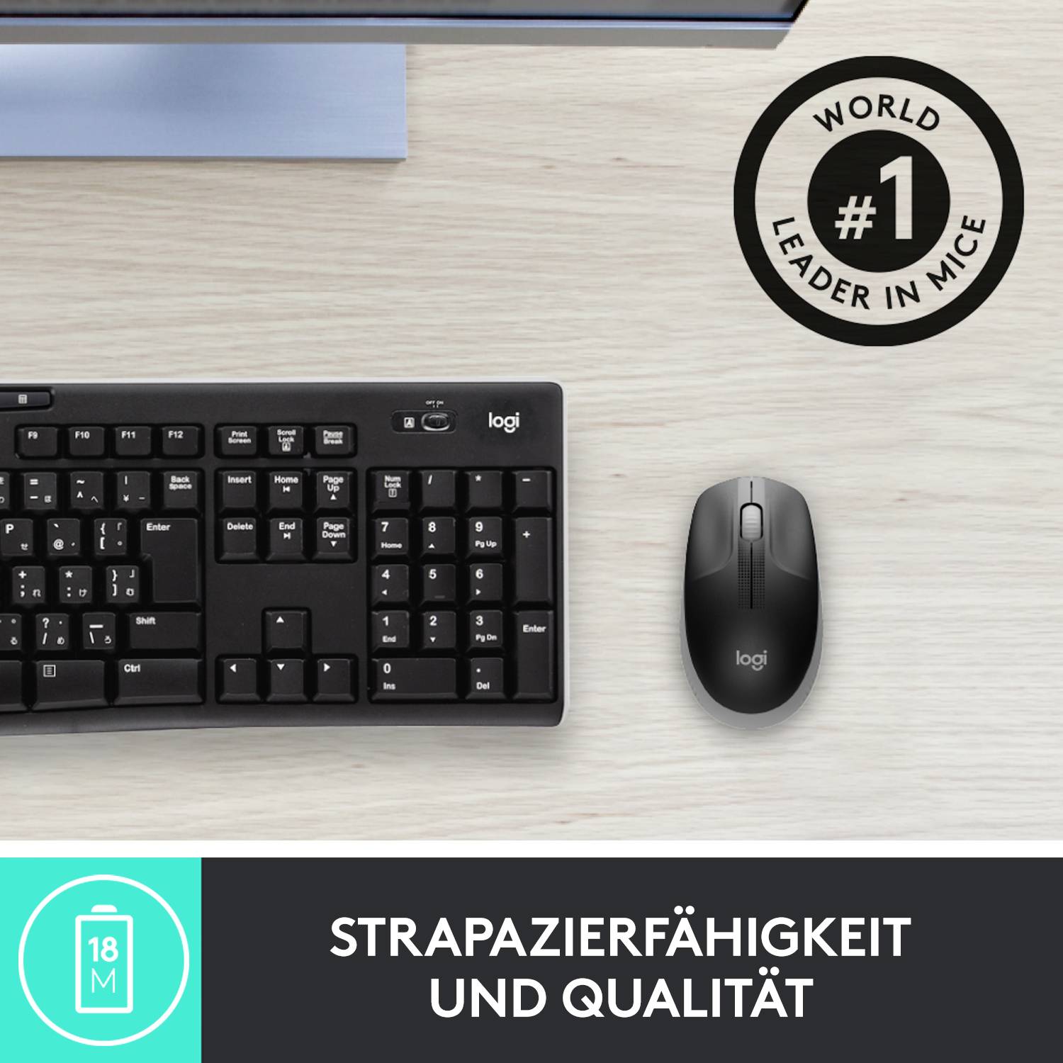 Tastatur und Maus-Set von Logi auf einem Tisch, mit Beschriftung 'Strapazierfähigkeit und Qualität' und Auszeichnung 'World Leader in Mice #1'.