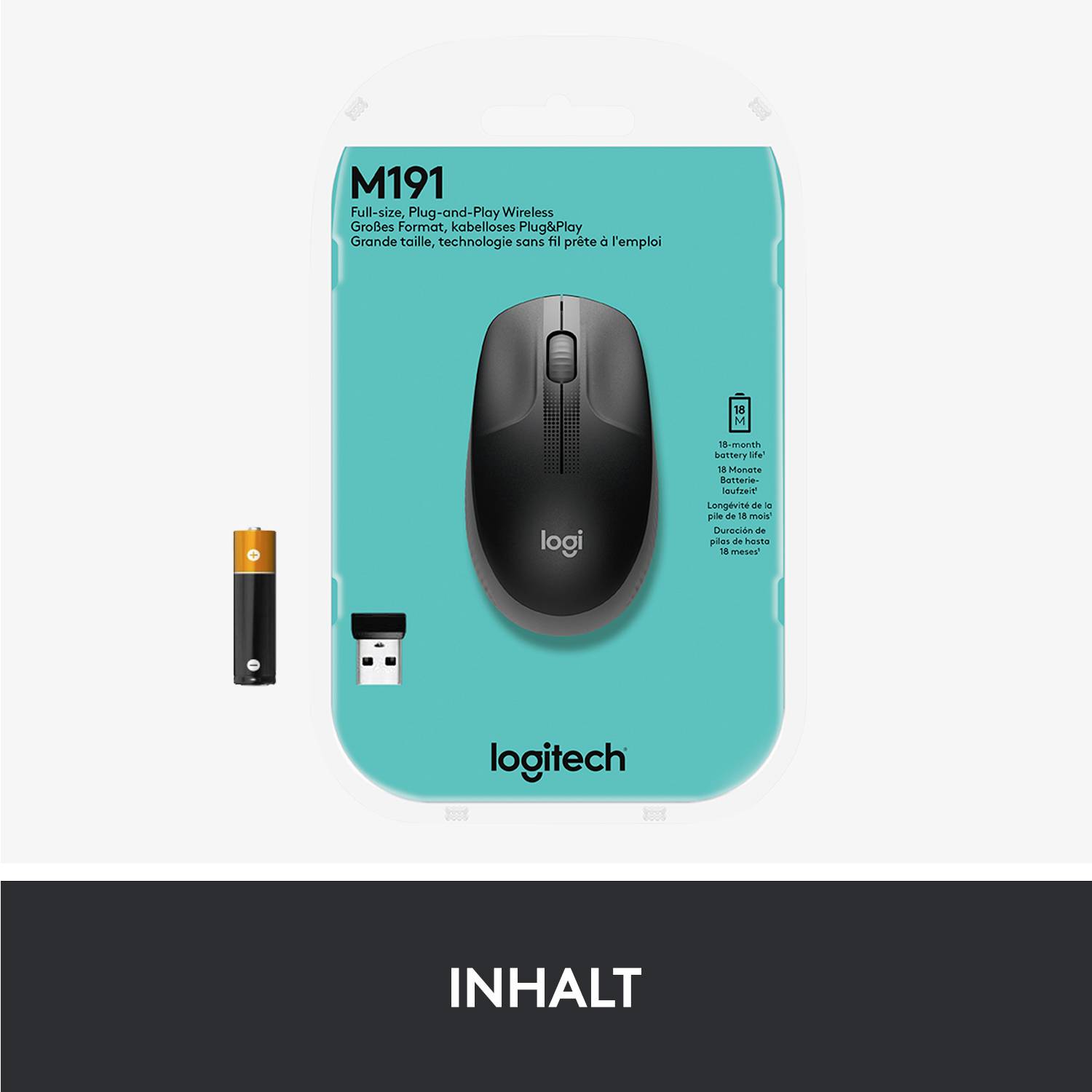 Drahtlose Logitech Maus M191 in Verpackung, zeigt vollständige Größe und Plug-and-Play Funktion. Enthält Maus, USB-Empfänger und Batterie.