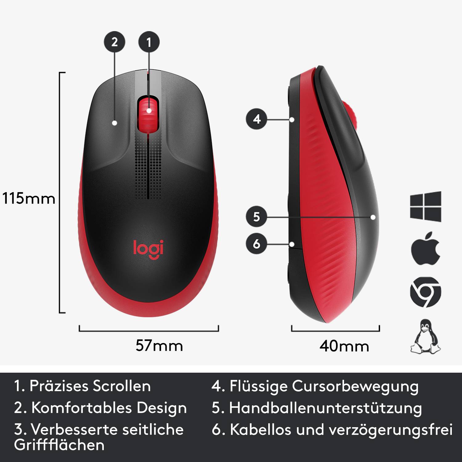 Logitech M190 Maus Funk Optisch Rot 3 Tasten 1000 dpi