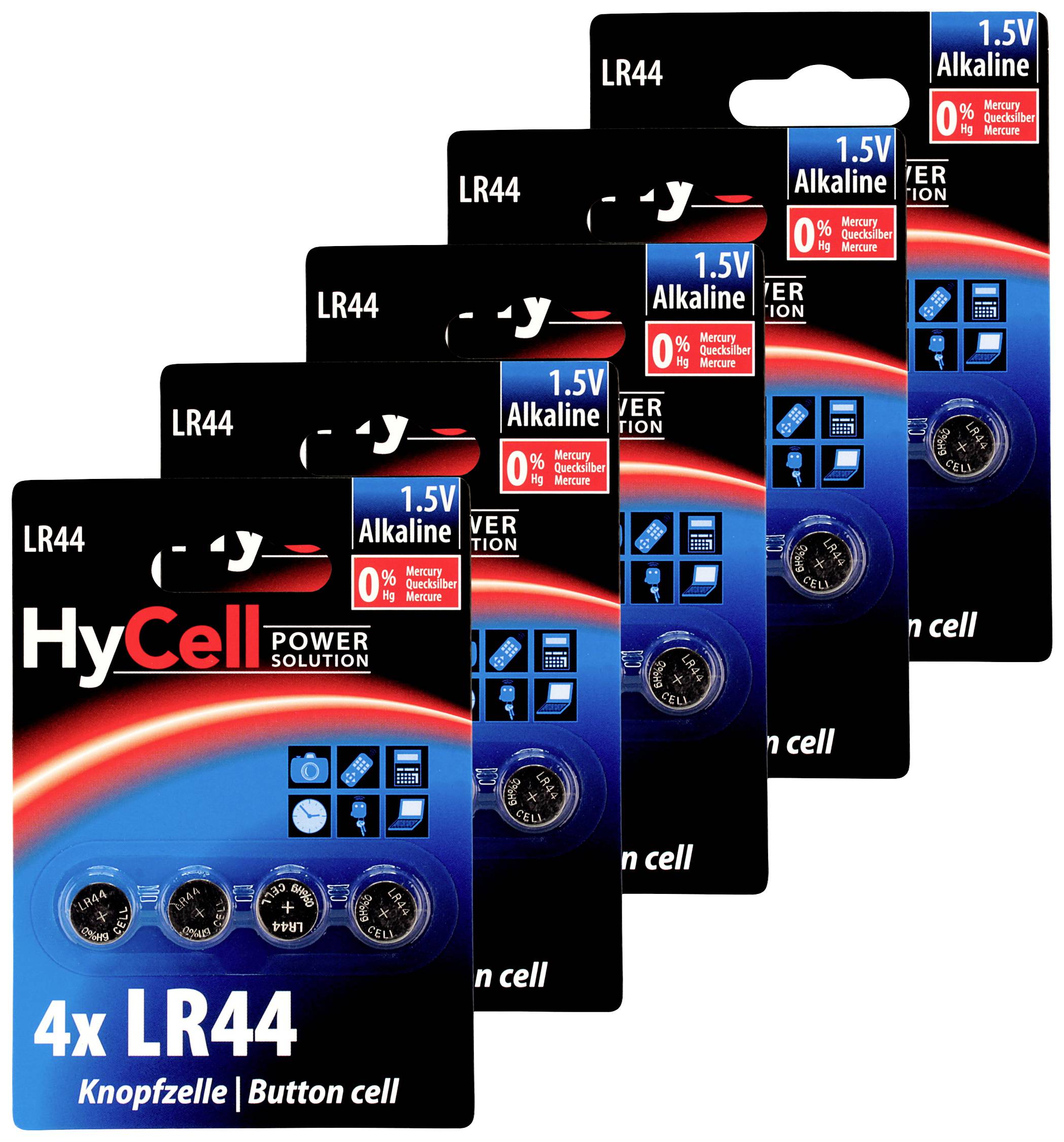 Fünf Packungen HyCell LR44 Knopfzellen. Jede Packung enthält vier 1,5 V Alkaline-Batterien. Geeignet für Kleingeräte.