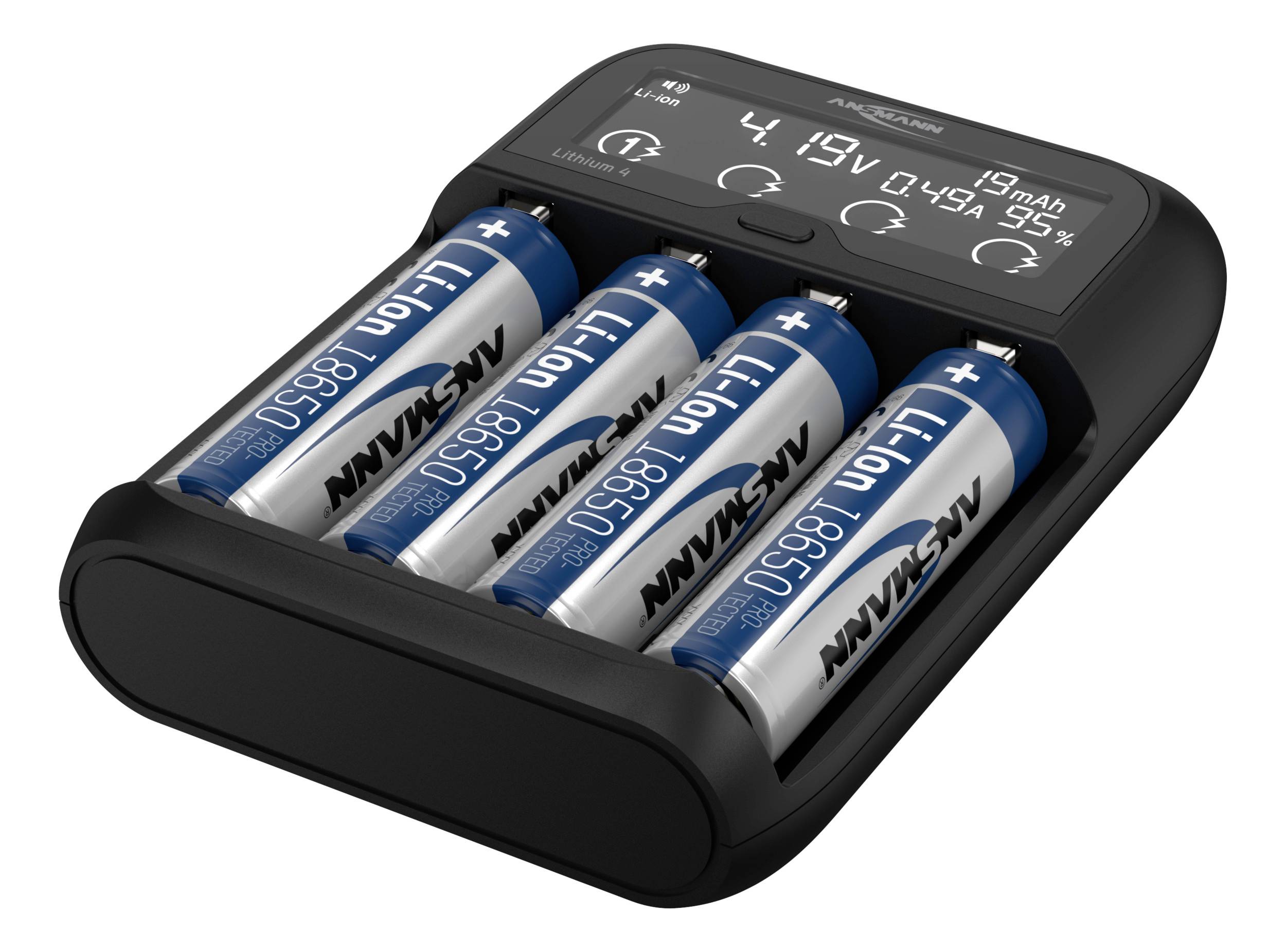 Ansmann Lithium 4 Rundzellen-Ladegerät LiFePO, LiIon, NiCd, NiMH 10340, 10350, 10440, 10500, 10350, 10440, 10500, 12500, 12650, 13500, 13650, 14500