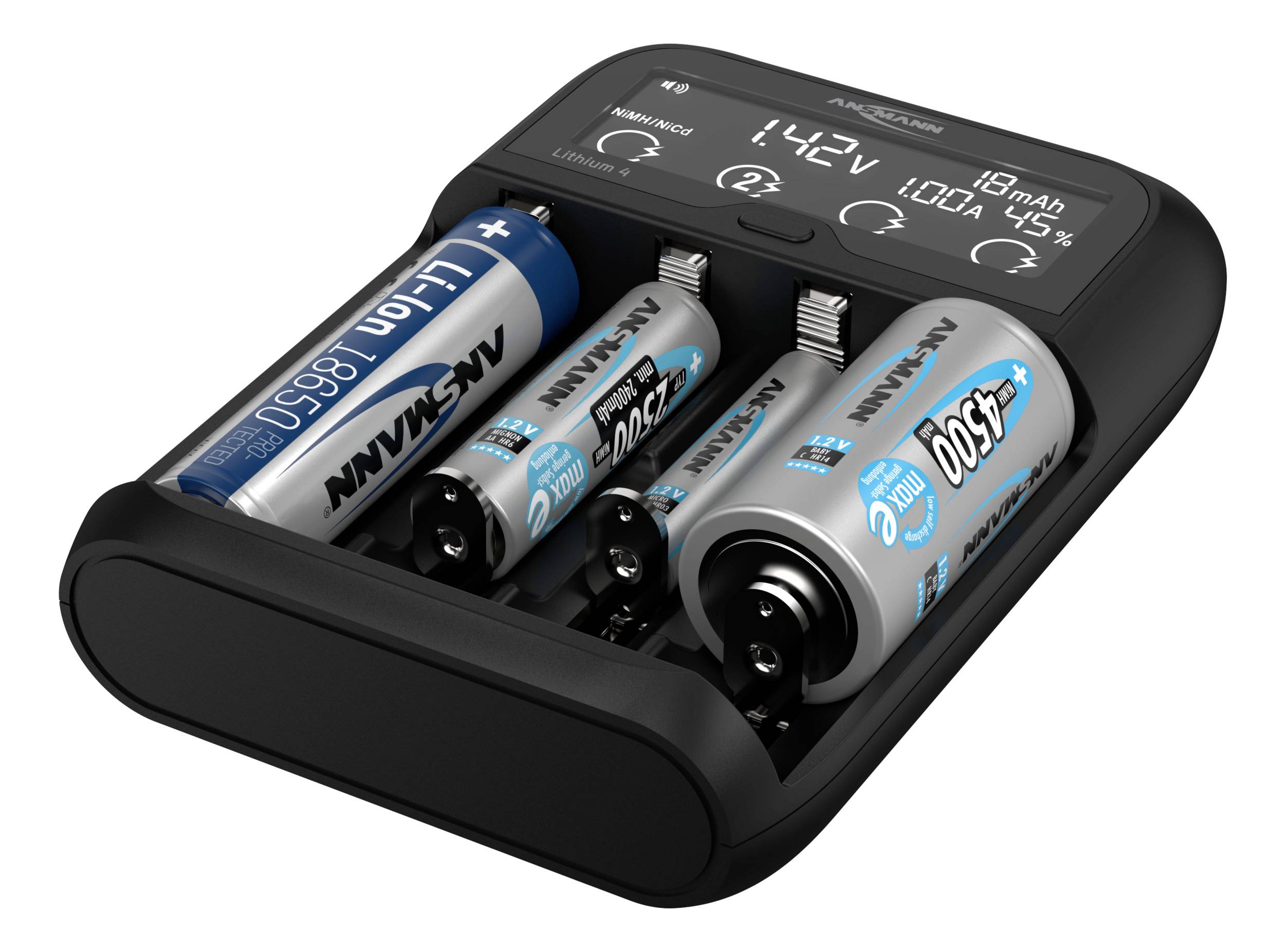 Ansmann Lithium 4 Rundzellen-Ladegerät LiFePO, LiIon, NiCd, NiMH 10340, 10350, 10440, 10500, 10350, 10440, 10500, 12500, 12650, 13500, 13650, 14500