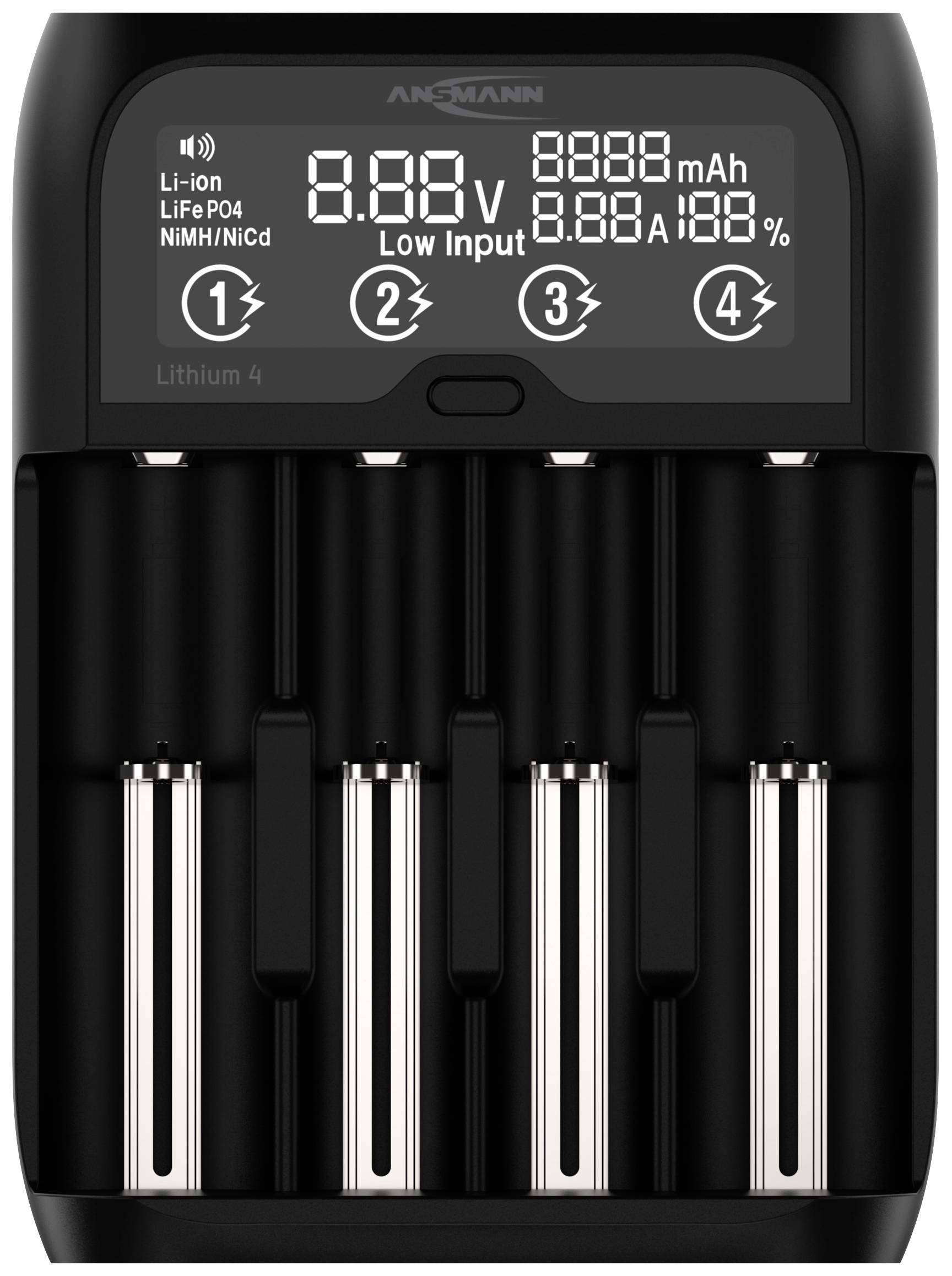 Ansmann Lithium 4 Rundzellen-Ladegerät LiFePO, LiIon, NiCd, NiMH 10340, 10350, 10440, 10500, 10350, 10440, 10500, 12500, 12650, 13500, 13650, 14500