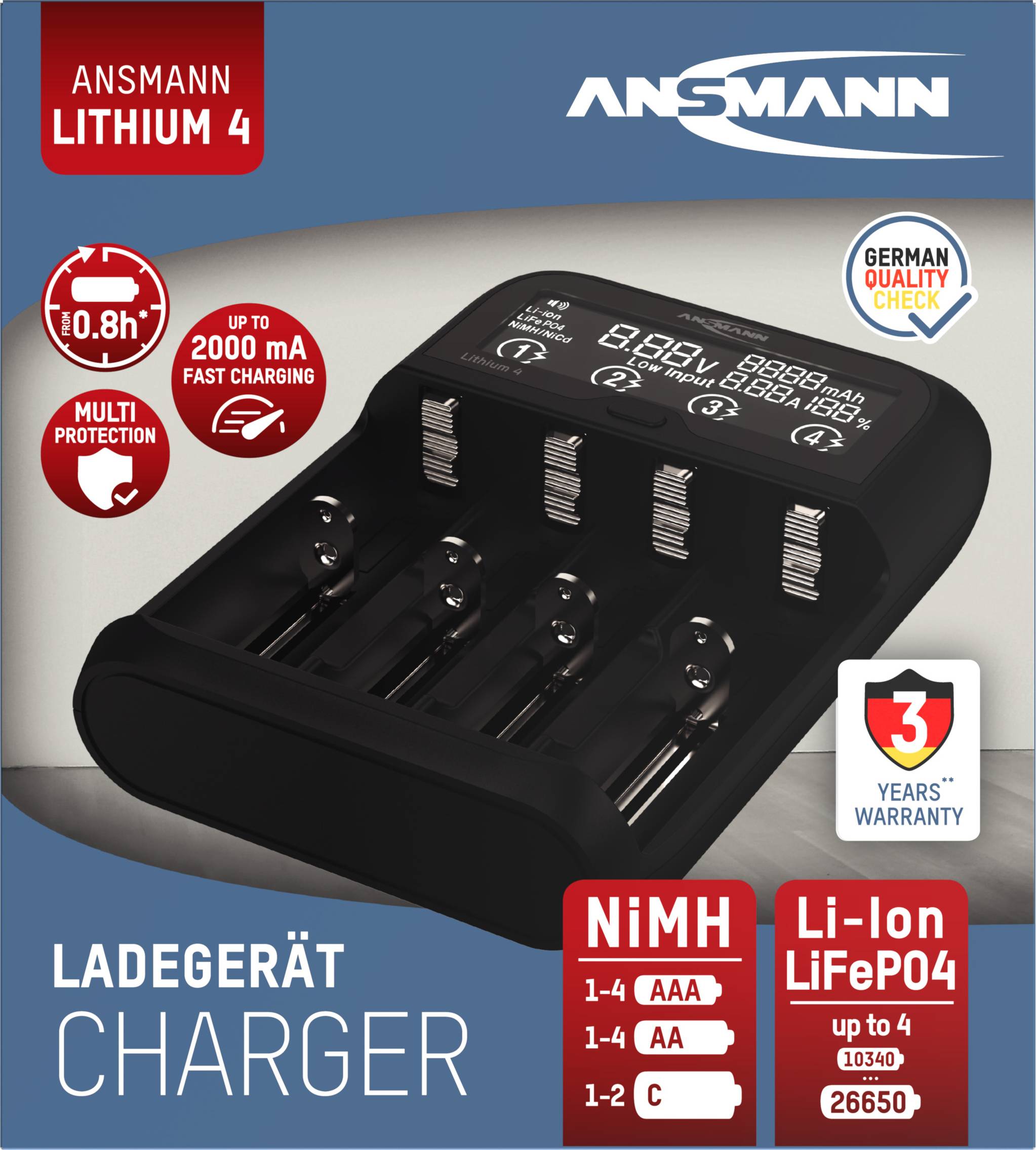 Ansmann Lithium 4 Rundzellen-Ladegerät LiFePO, LiIon, NiCd, NiMH 10340, 10350, 10440, 10500, 10350