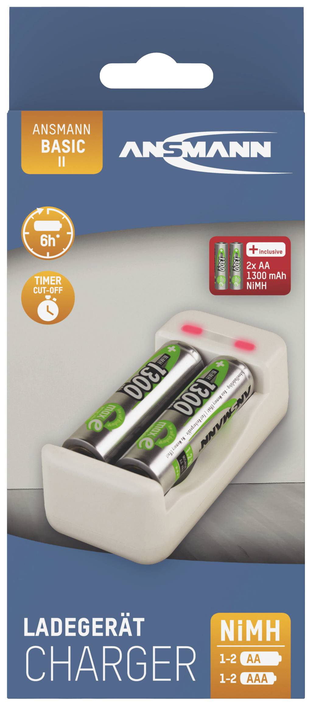 Ansmann Basic II + 2× AA 1300mAh Rundzellen-Ladegerät NiMH Micro (AAA), Mignon (AA)