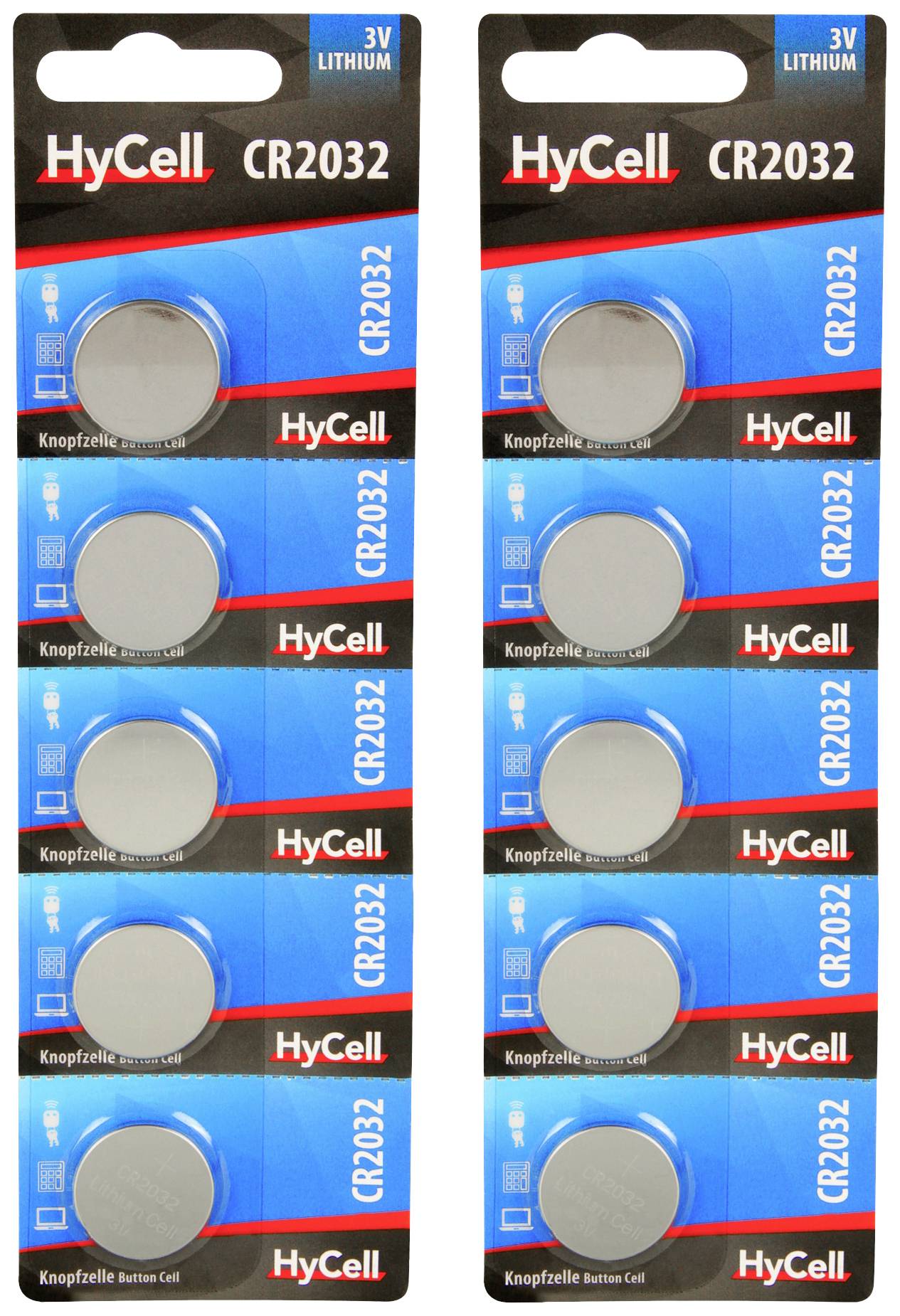 HyCell CR2032 3V Lithium Knopfzellen, 10 Stück in Blisterverpackung.