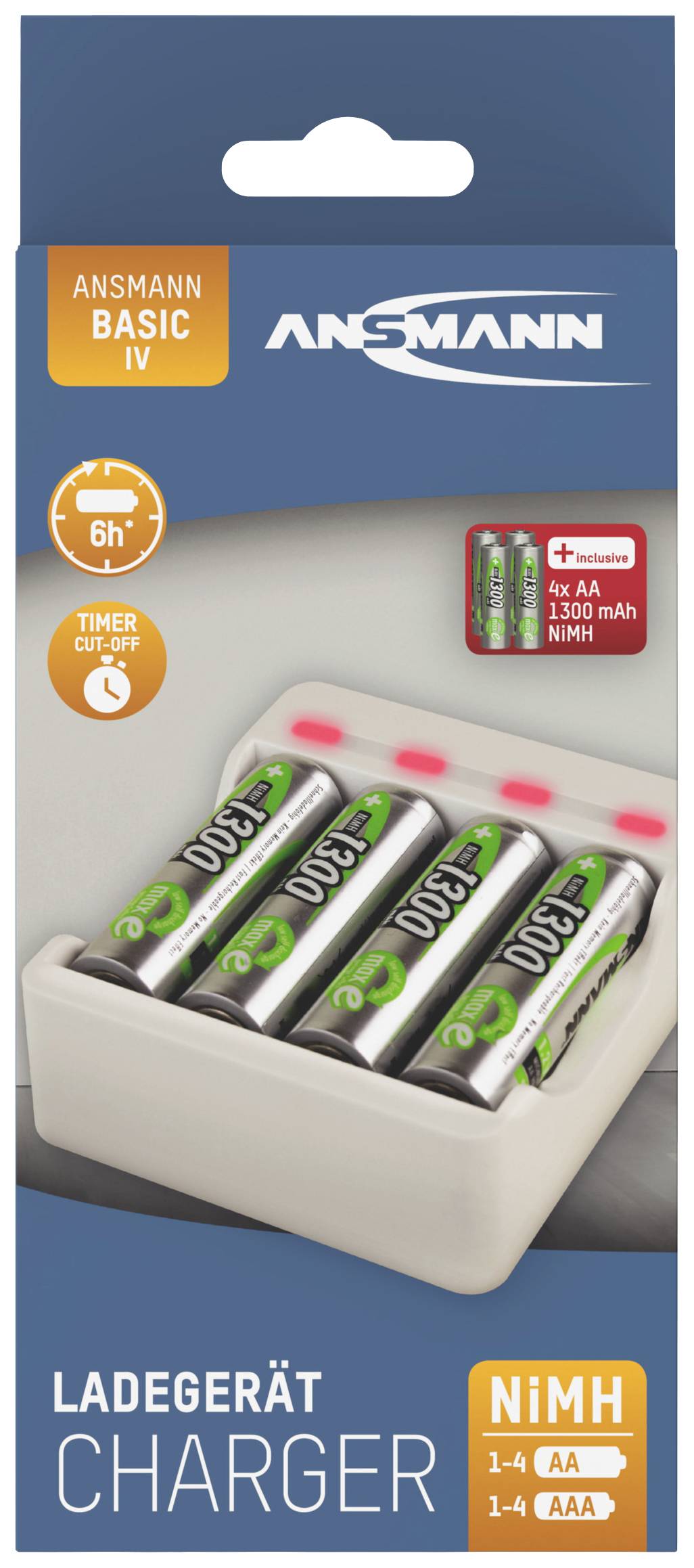 Ansmann Basic IV + 4× AA 1300mAh Rundzellen-Ladegerät NiCd Micro (AAA), Mignon (AA)