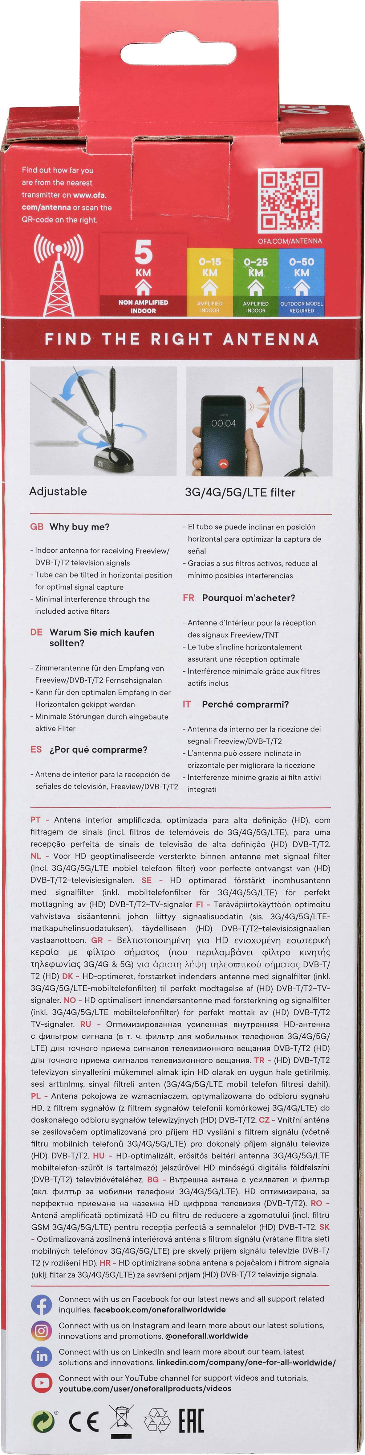 One For All SV 9311, Drinnen, Schwarz, 1 m, DVB-T, DVB-T2, 5000 m, 1 Stück(e)