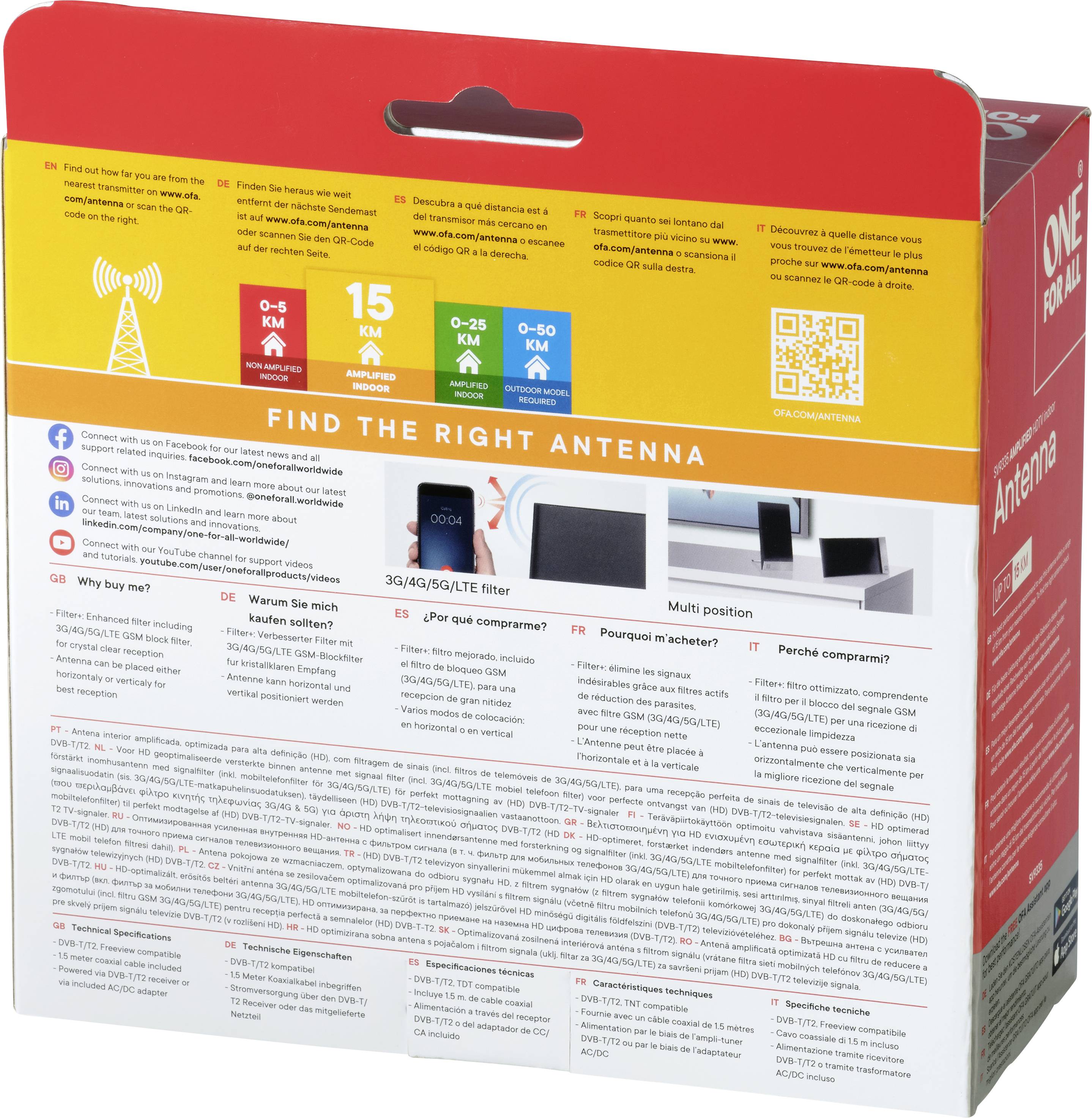 One For All SV 9335-5G Passive DVB-T/T2-Flachantenne Innenbereich Schwarz, Silber