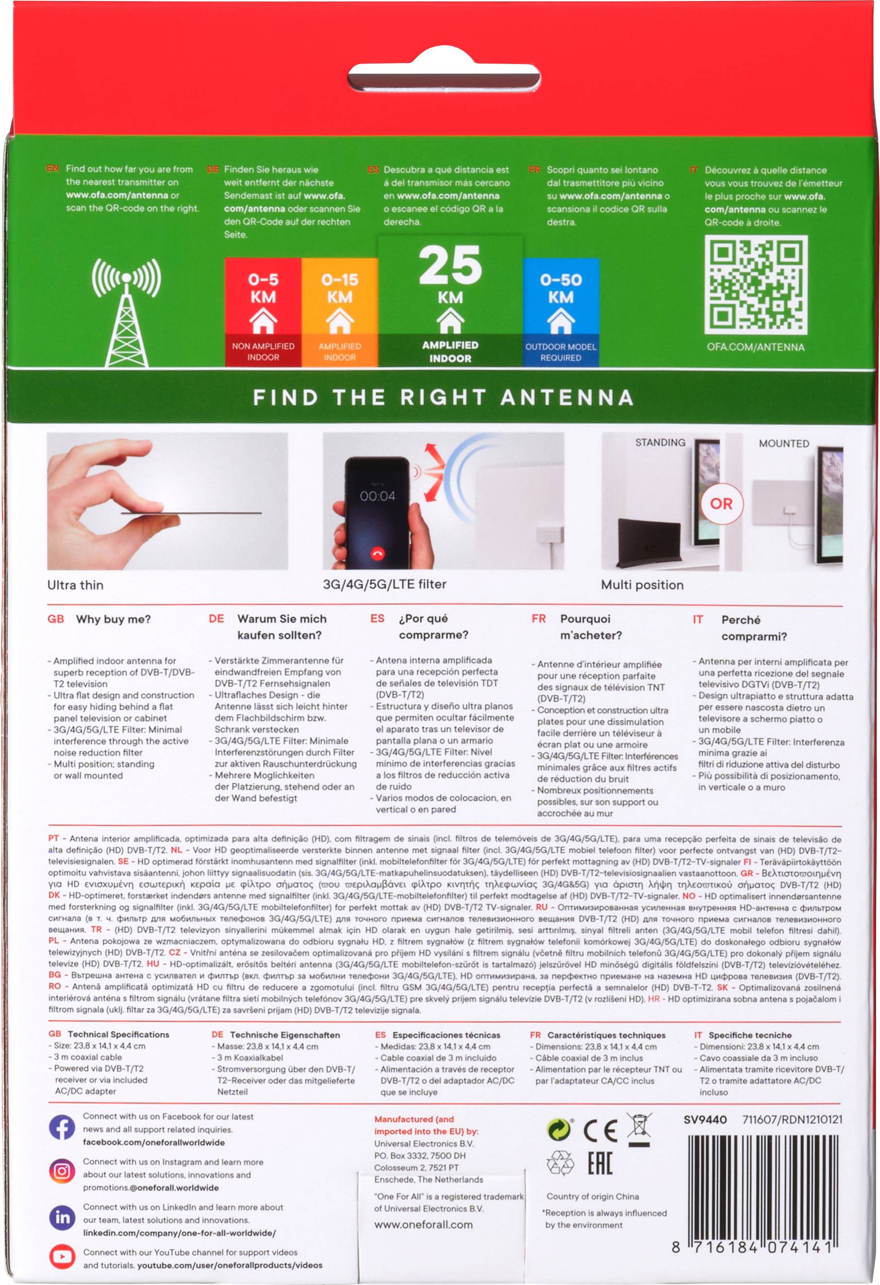 One For All SV 9440-5G Passive DVB-T/T2-Flachantenne Innenbereich Weiß