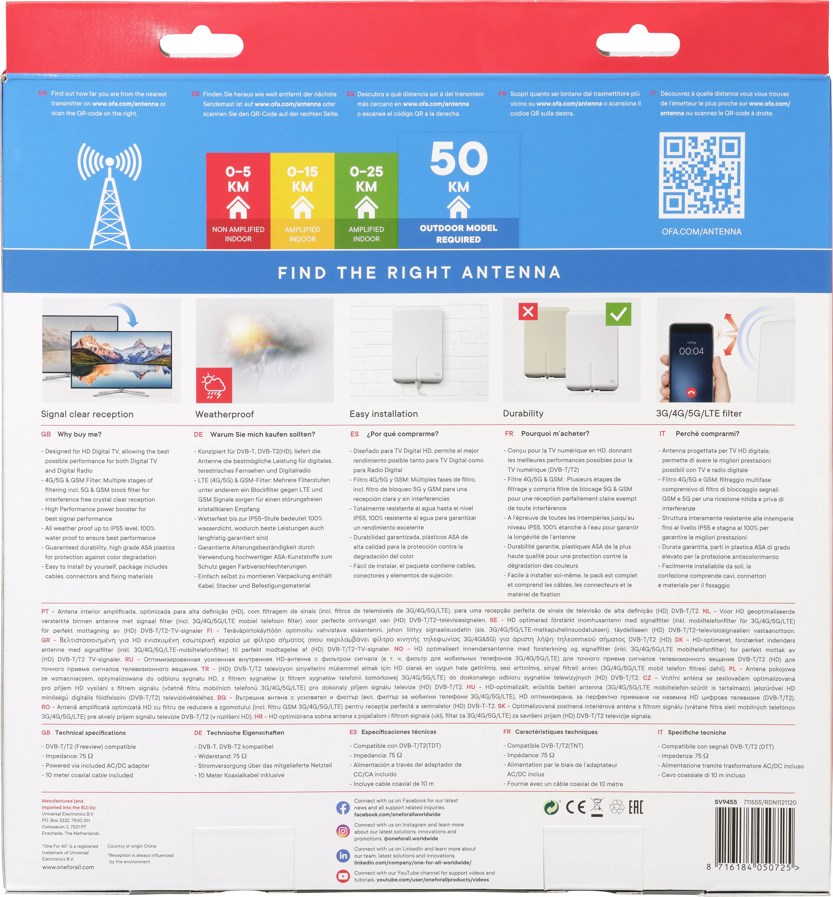 One For All SV 9455-5G Passive DVB-T/T2-Flachantenne Außenbereich Weiß