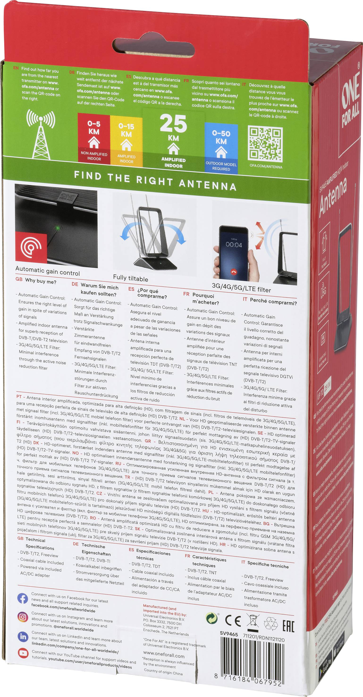 One For All SV 9465-5G Passive DVB-T/T2-Teleskopantenne Innenbereich Schwarz