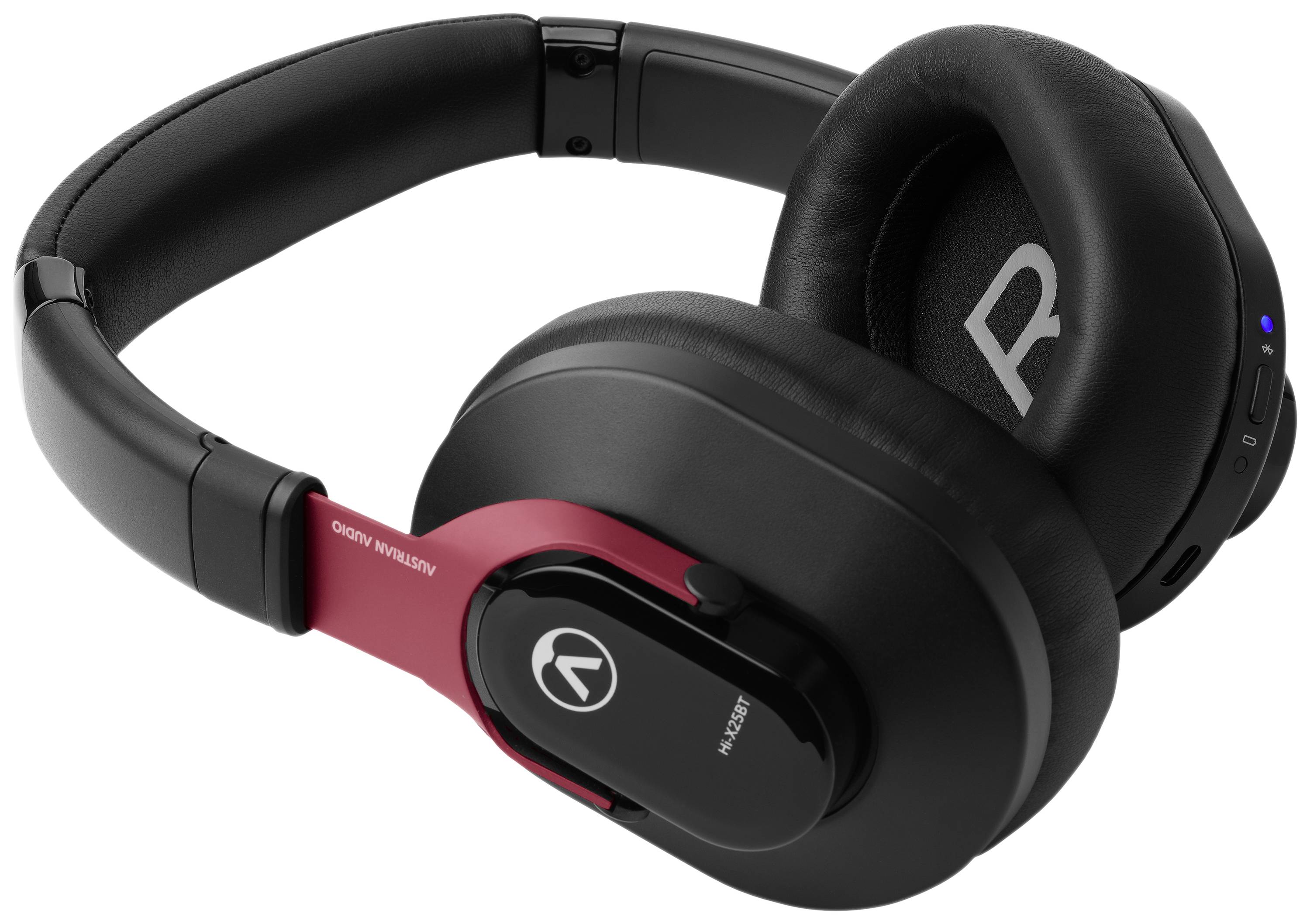 Schwarze Over-Ear-Kopfhörer mit rotem Akzent und Markensymbol auf der Seite, die modernen Stil und Funktionalität darstellen.