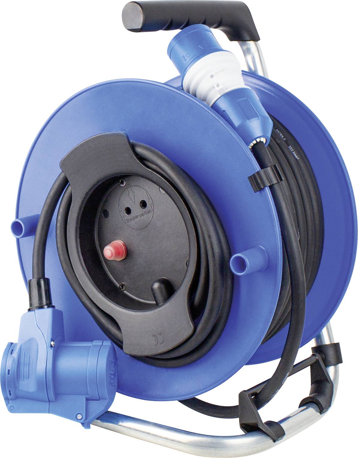 Ein aufgerolltes blaues Stromkabel auf einer Trommel, geeignet für industrielle Anwendungen, mit robustem Griff und Anschlüssen.