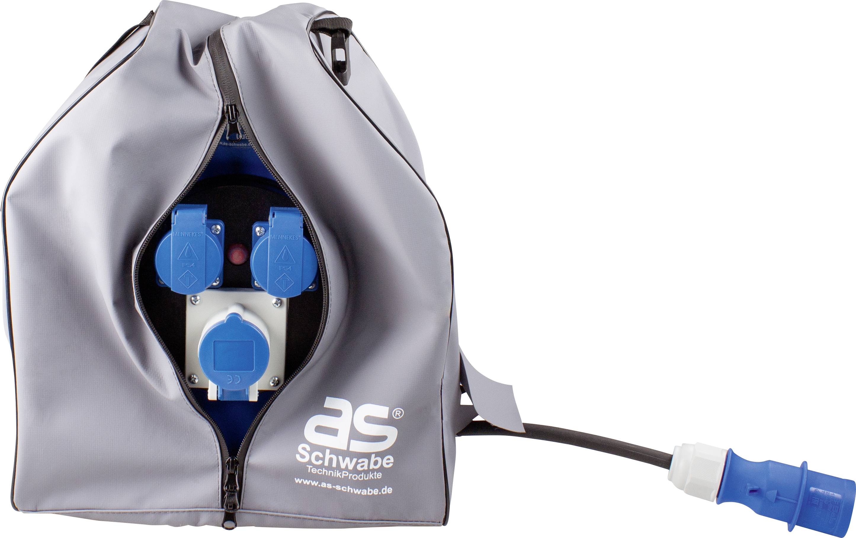 Graue Tragetasche mit blauen Steckdosen und Kabel, AS Schwabe-Logo, technische Produkte; geeignet für Elektrikereinsätze.