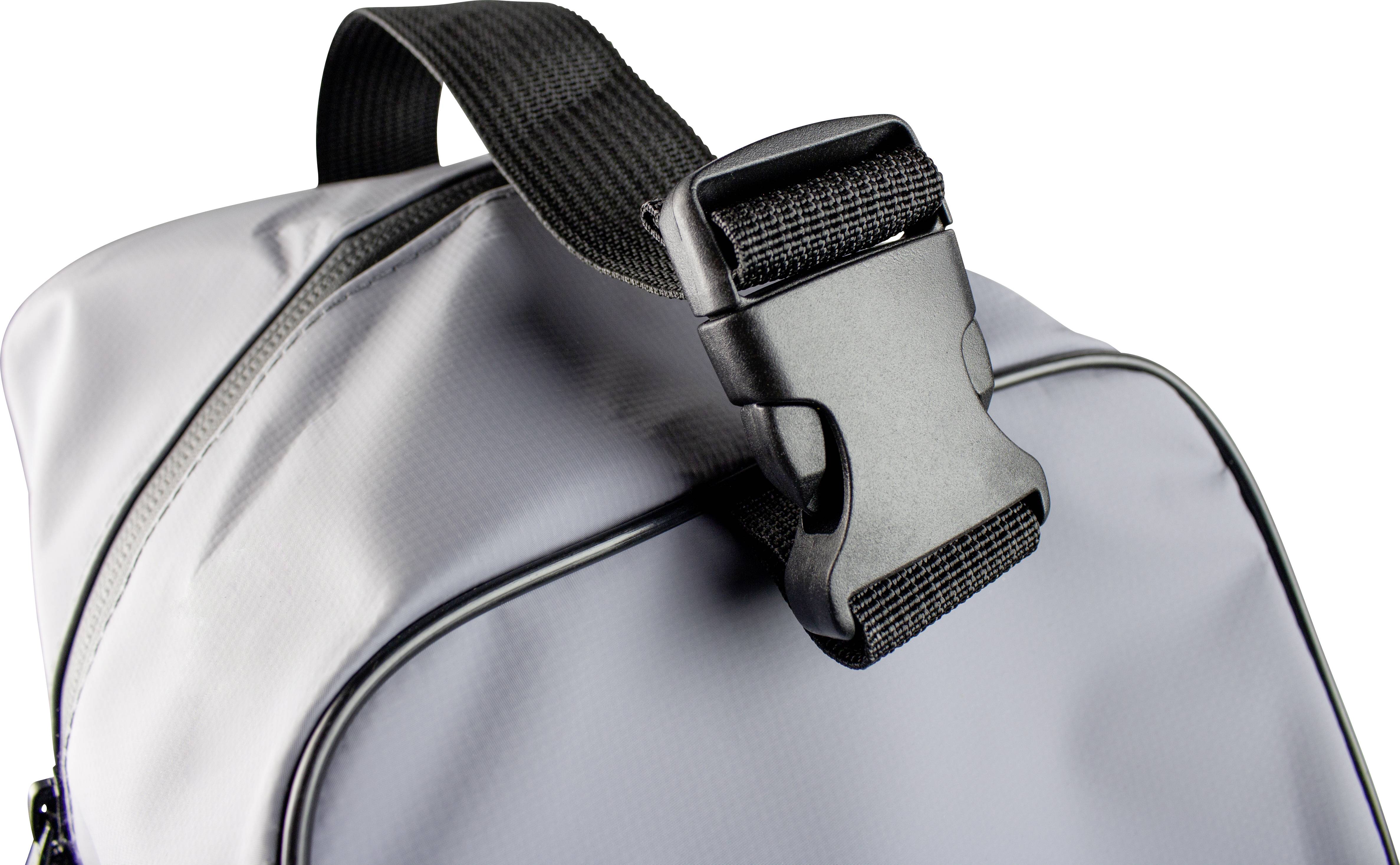 Graue Tasche mit Reißverschluss und schwarzer Schnalle oben.