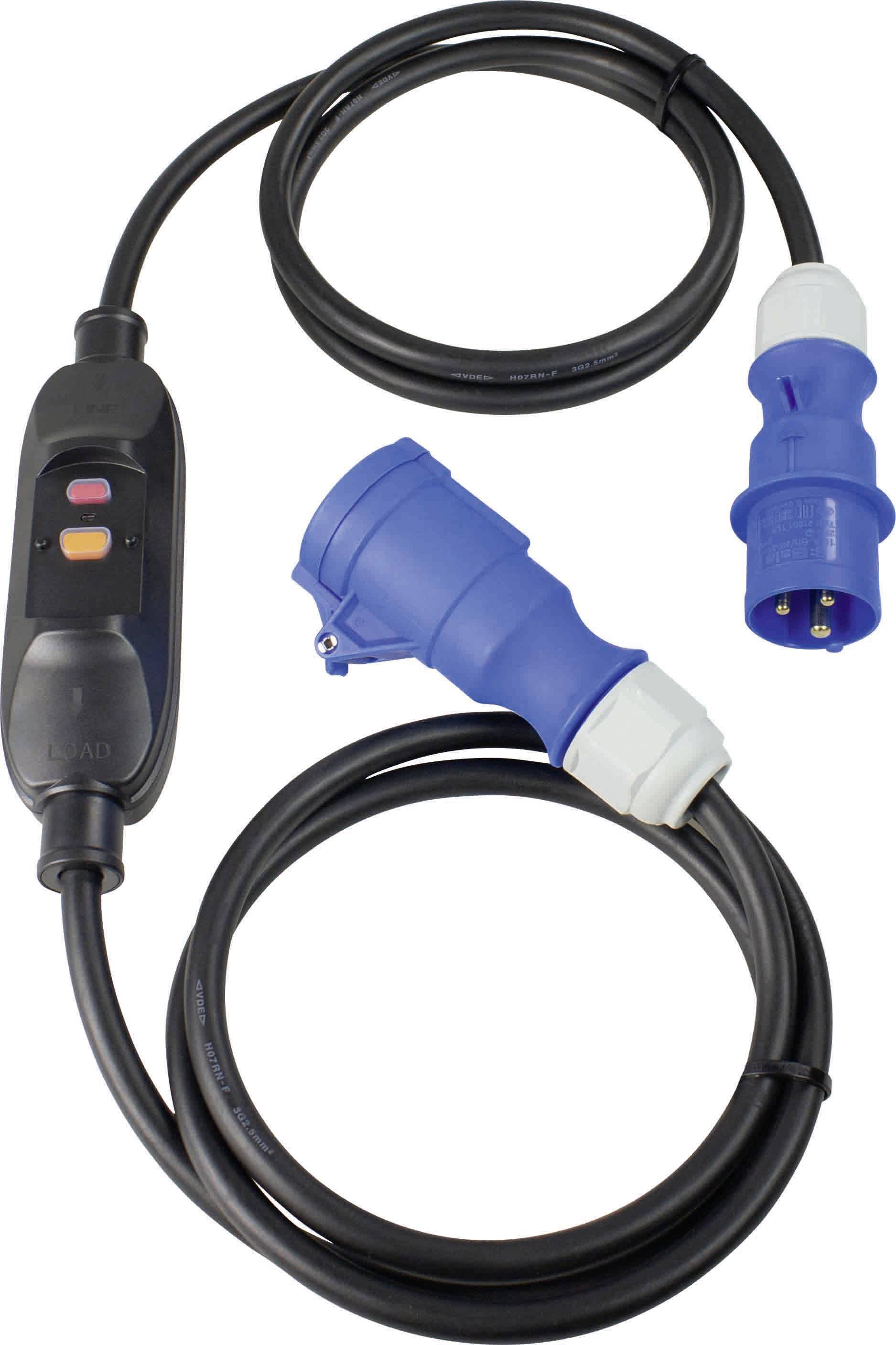 Ein Verlängerungskabel mit blauem CEE-Stecker auf beiden Enden, verbunden durch ein schwarzes Kabel mit einem Schaltermodul.