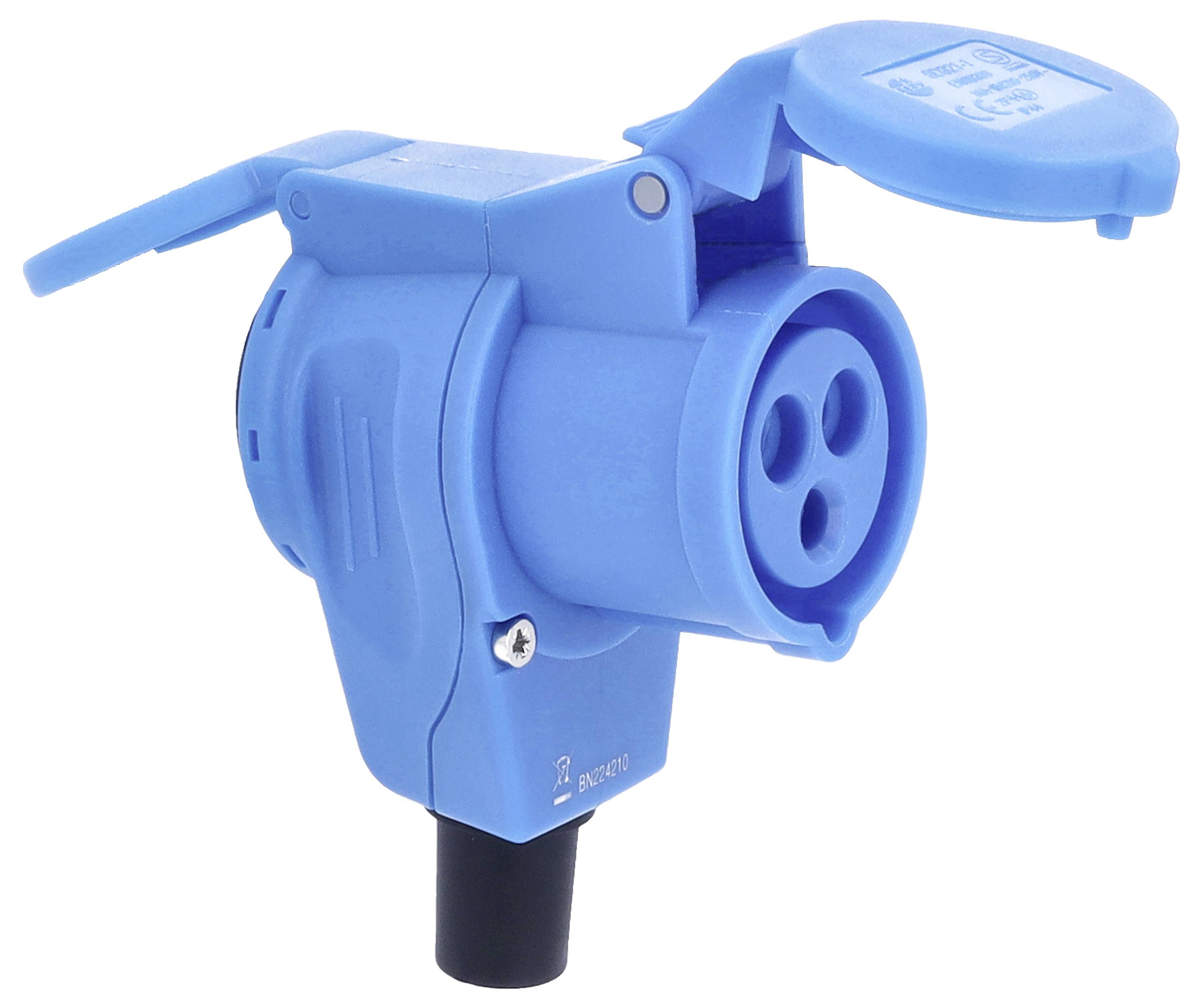 Blaue Schutzkontaktsteckdose mit Abdeckklappe. Sie ist für Sicherheitsanwendungen konzipiert und bietet Schutz vor Nässe.