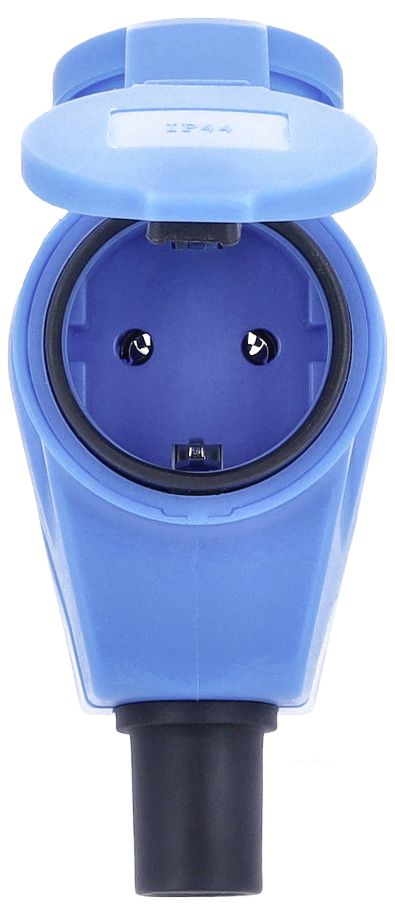 Eine blaue Schuko-Steckdose mit geöffnetem Deckel, zeigt die Steckkontakte. Geeignet für einen elektrischen Anschluss.
