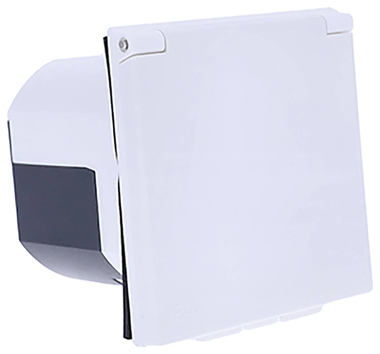 Ein weißer Wandlüfter mit rechteckiger Abdeckung, seitlicher Blick. Geeignet für Lüftungssysteme in Haushalten oder kleinen Büros.