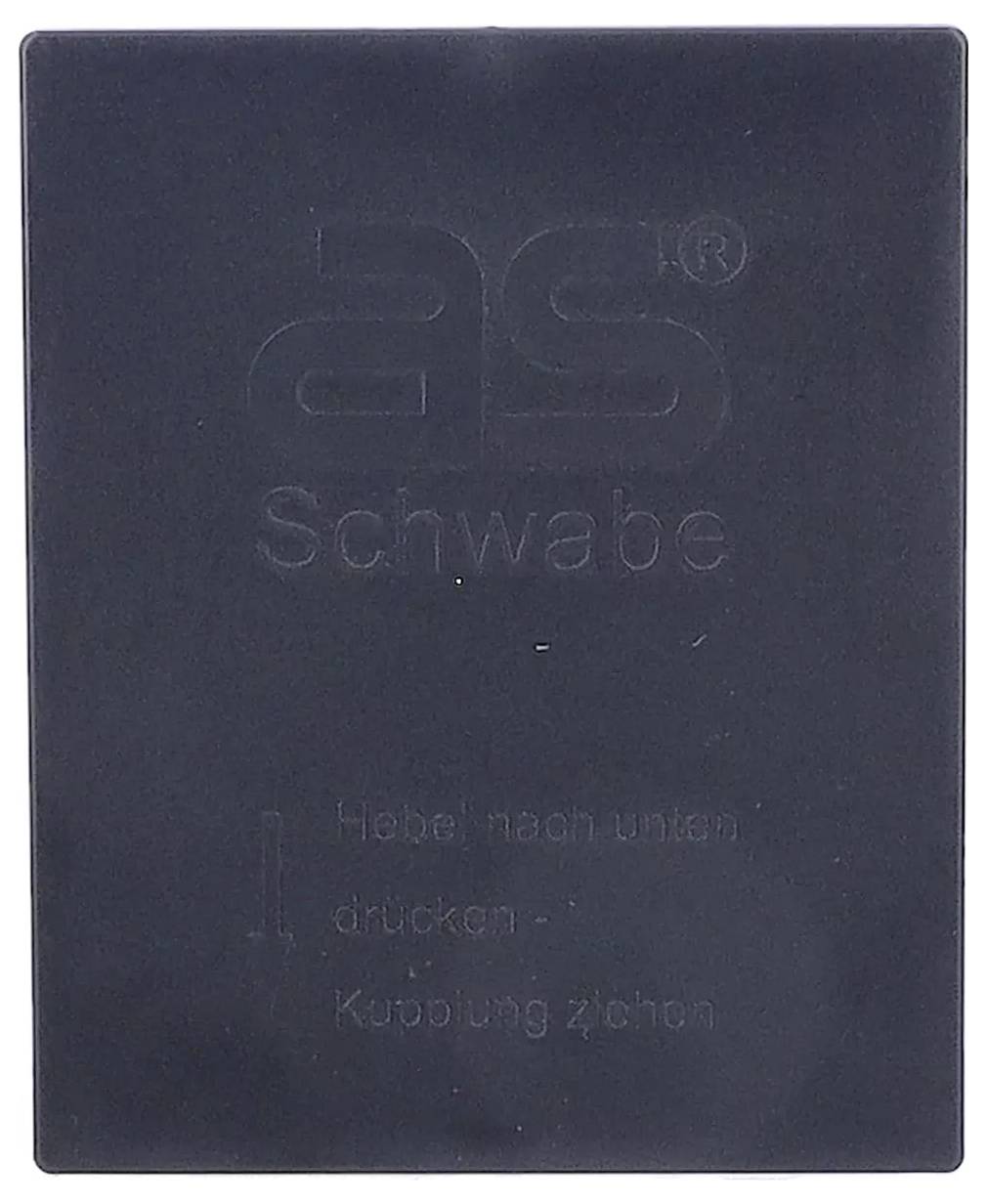 Schwarze Kunststoff-Schwabe-Abdeckplatte mit geprägtem Logo und deutschem Text „Bitte nach unten drücken