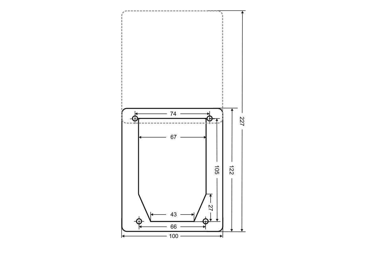 Diagramm zur Darstellung der Abmessungen einer rechteckigen Platte mit abgerundeten Kanten; wichtige Maße umfassen Breiten von 100 mm und 66 mm sowie Höhen von 122 mm und 222 mm.