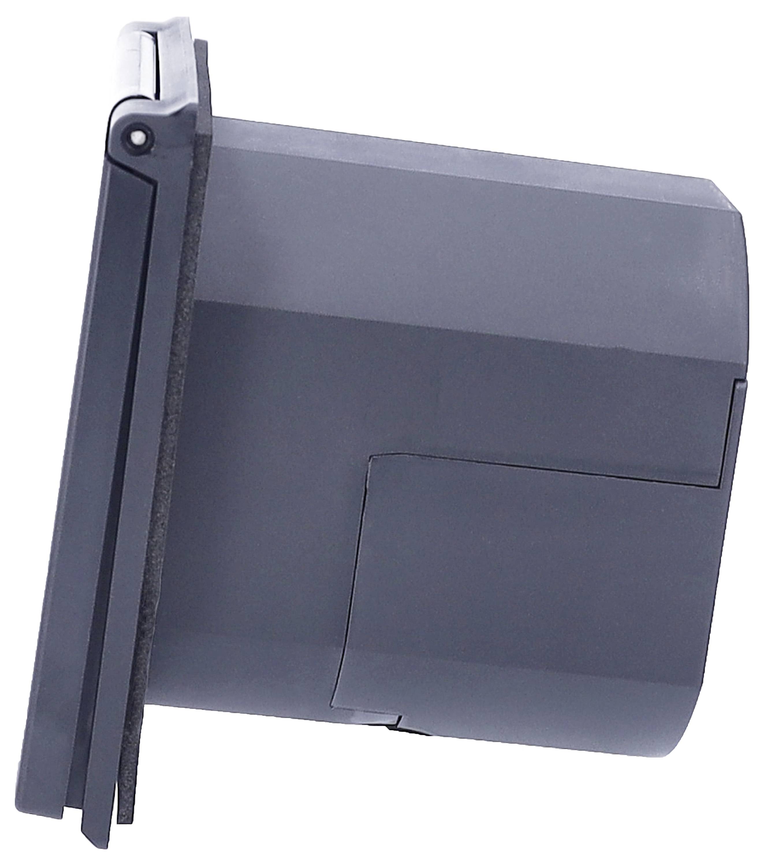 Ein schwarzes, rechteckiges Elektronikgerät mit einer Klappe an der Seite, vermutlich ein Kartenleser oder ein ähnliches Gerät.