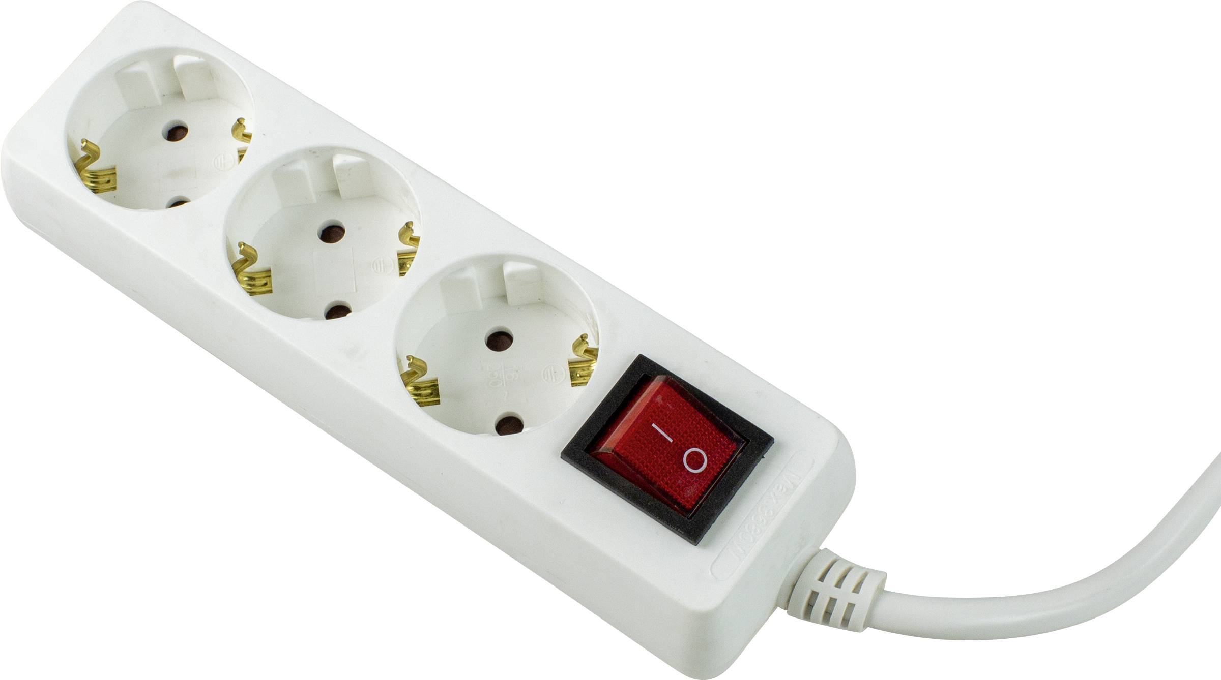 Dreifachsteckdose mit rotem Ein-/Ausschalter, angeschlossen an einem Kabel. Ideal für die Nutzung von mehreren Geräten gleichzeitig.