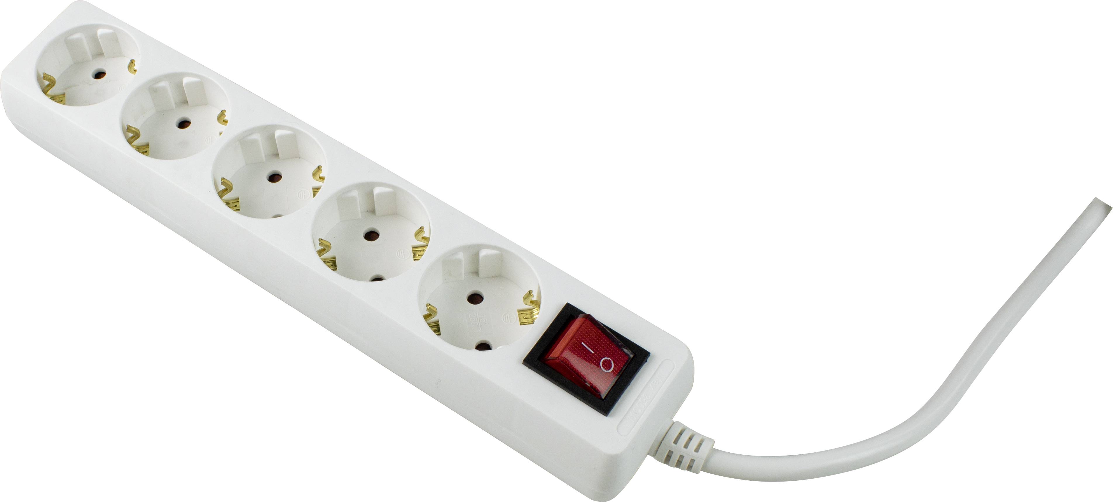 Eine weiße Mehrfachsteckdose mit fünf Steckplätzen und einem roten Ein-/Ausschalter an der Seite, an einem Kabel angeschlossen.