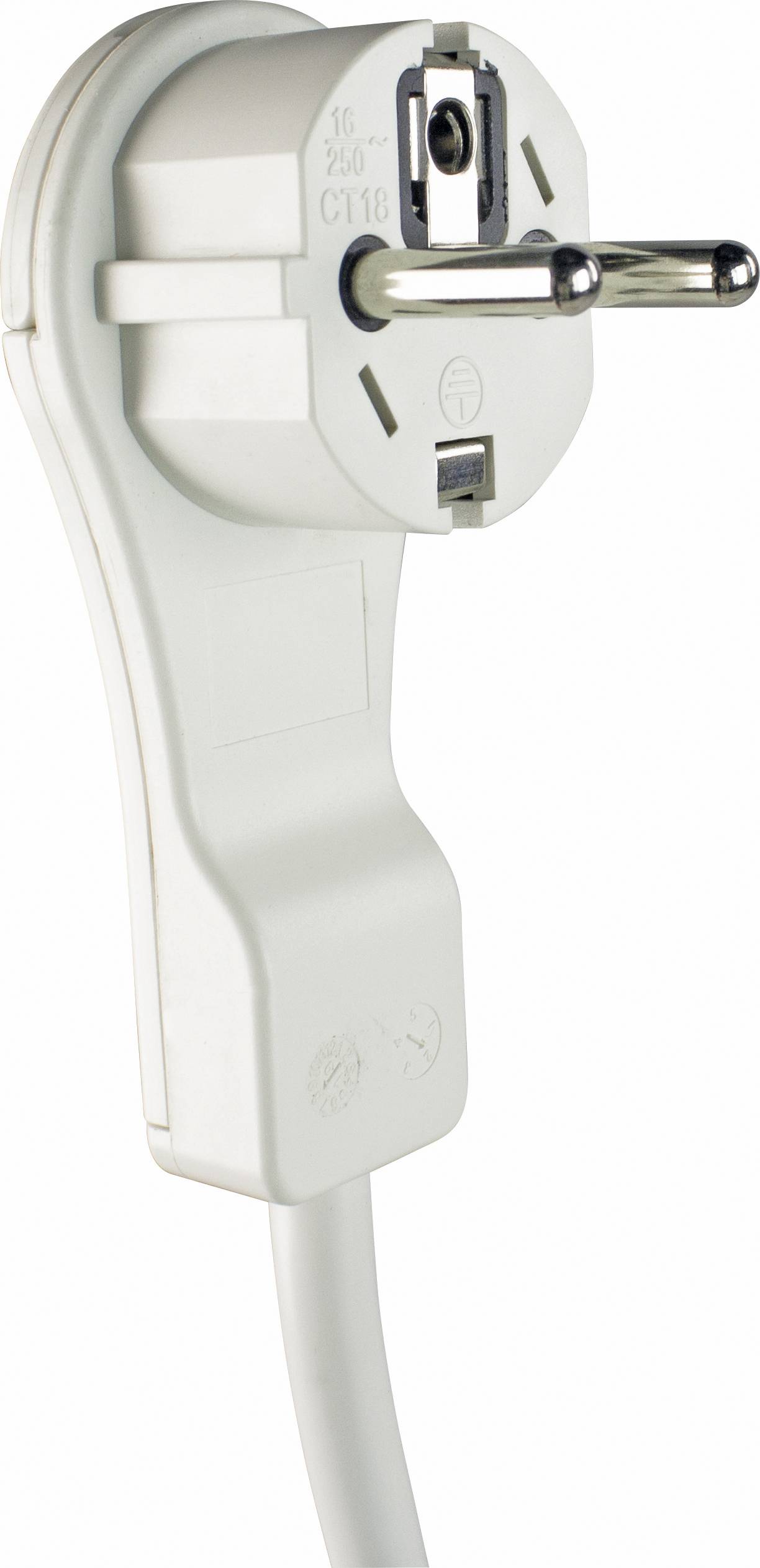 Eine weiße Eurostecker-Adapter mit flachem Design und integriertem Kabel, geeignet für europäische Steckdosen.