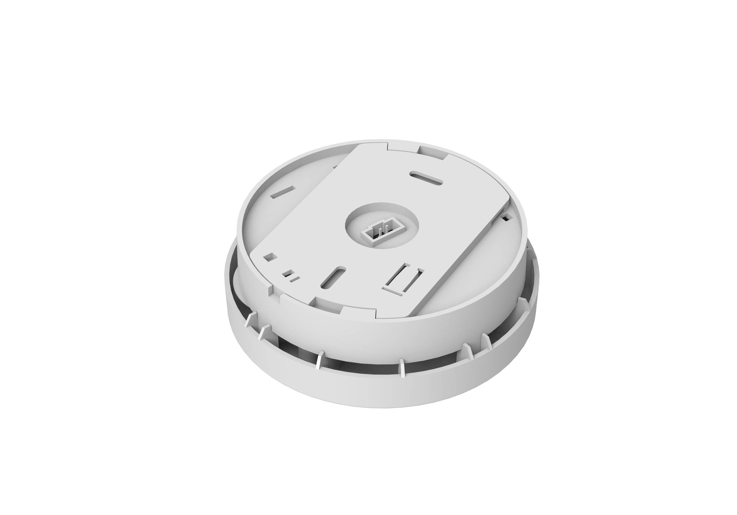 Ein weißes, rundes, plastisches Gerät, wahrscheinlich ein Teil eines Sensors oder Rauchmelders, auf einem neutralen Hintergrund.