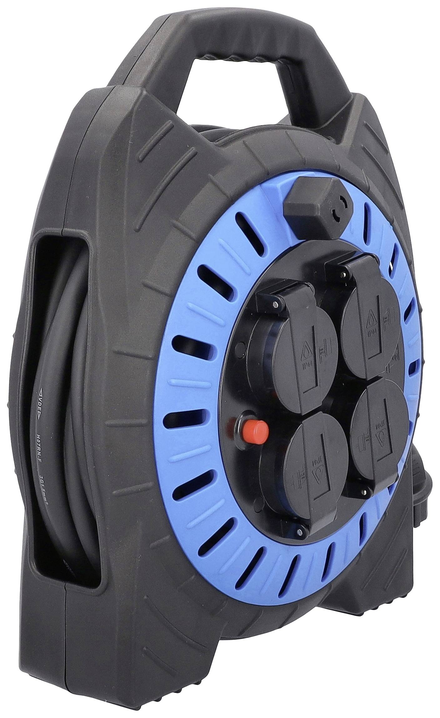 Ein Verlängerungskabel mit Aufroller, schwarzen und blauen Akzenten, vier Steckdosen und einem Tragegriff.