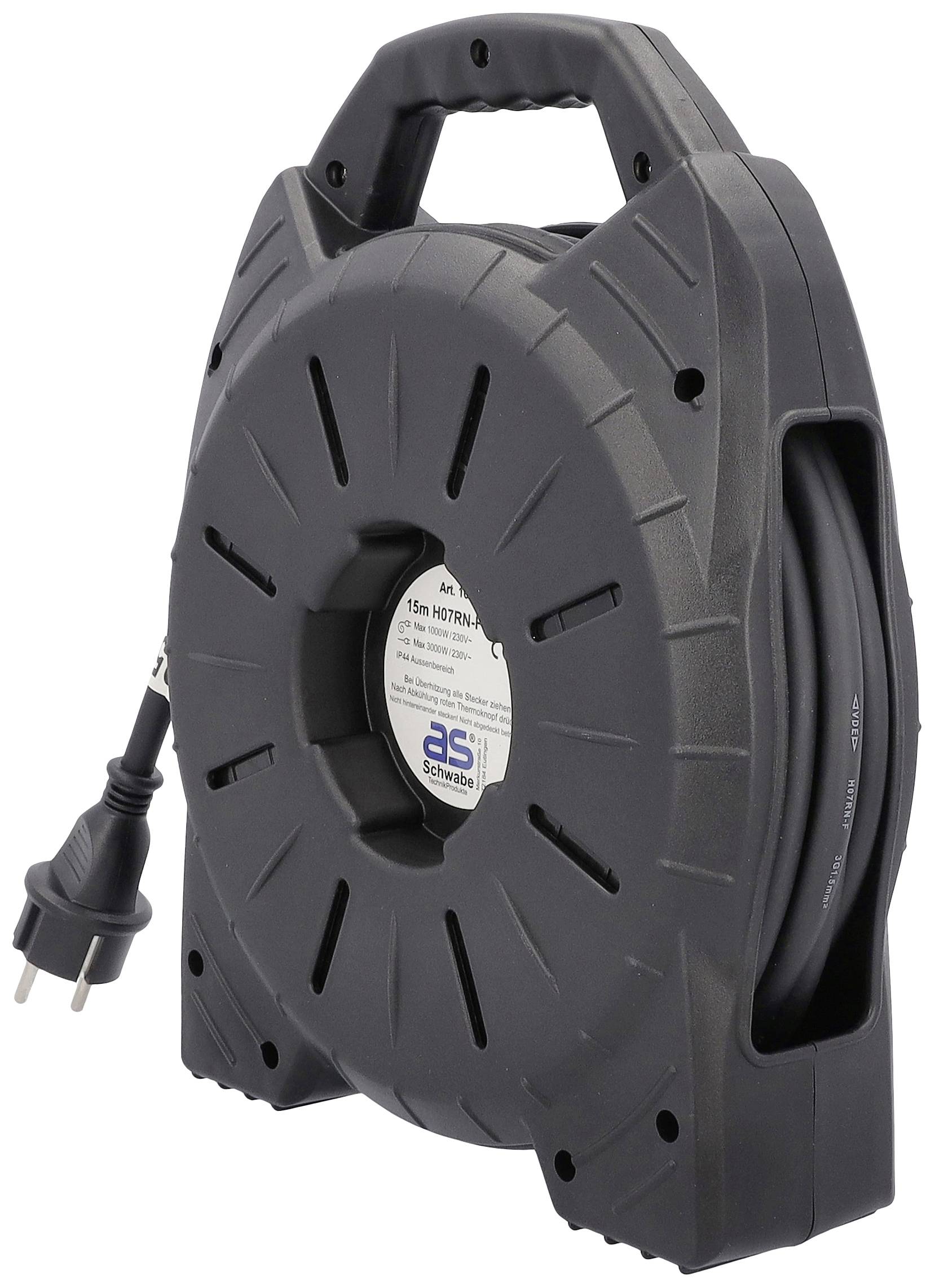 Ein schwarzer Kabelaufroller mit Tragegriff und Schuko-Stecker zeigt das AS Schwabe-Logo. Geeignet zur Aufbewahrung und Handhabung von Kabeln.