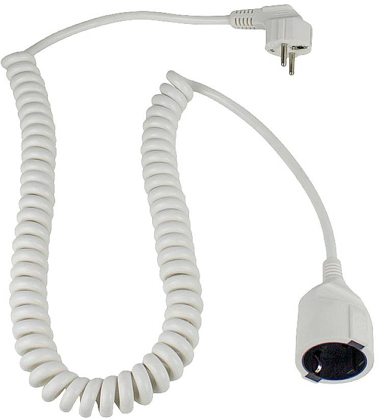 Ein weißes Spiralverlängerungskabel mit Stecker und Steckdose. Ideal für flexible und platzsparende Stromverbindung.